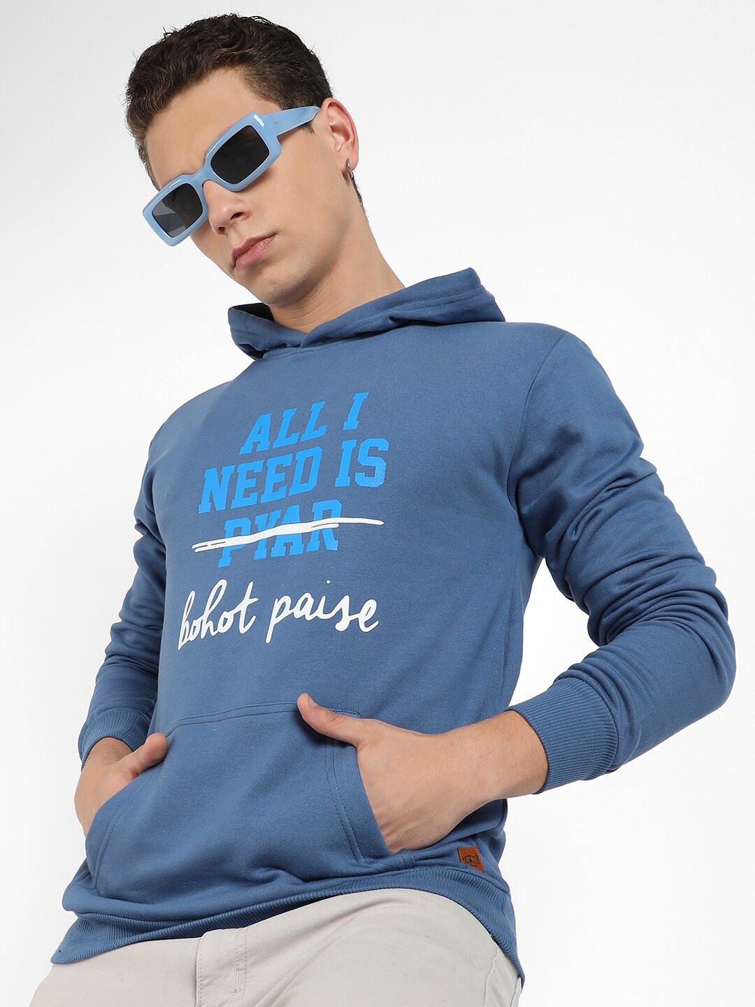 

Campus Sutra Typography Printed Hooded Cotton Pullover Sweatshirt, Blue