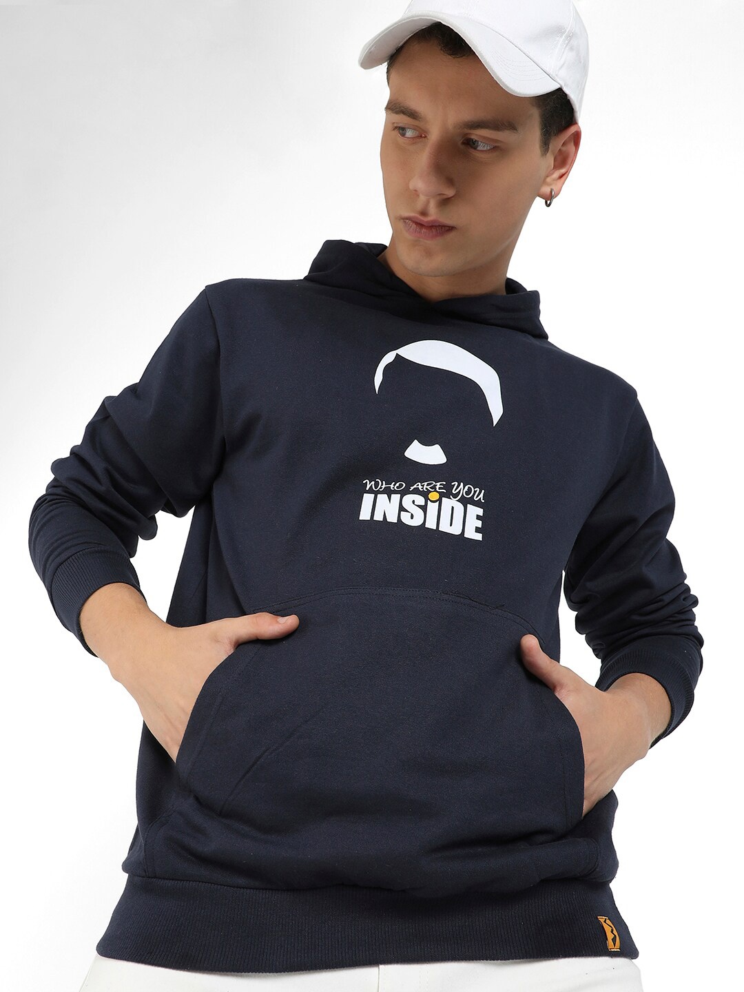 

Campus Sutra Typography Printed Hooded Cotton Pullover Sweatshirt, Navy blue