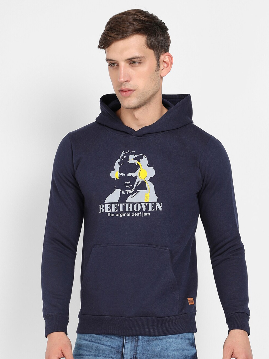 

Campus Sutra Graphic Printed Hooded Pure Cotton Pullover Sweatshirt, Navy blue