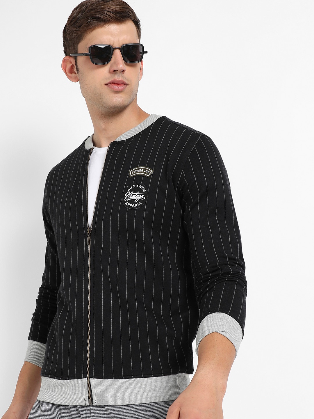 

Campus Sutra Striped Windcheater Cotton Tailored Jacket, Navy blue