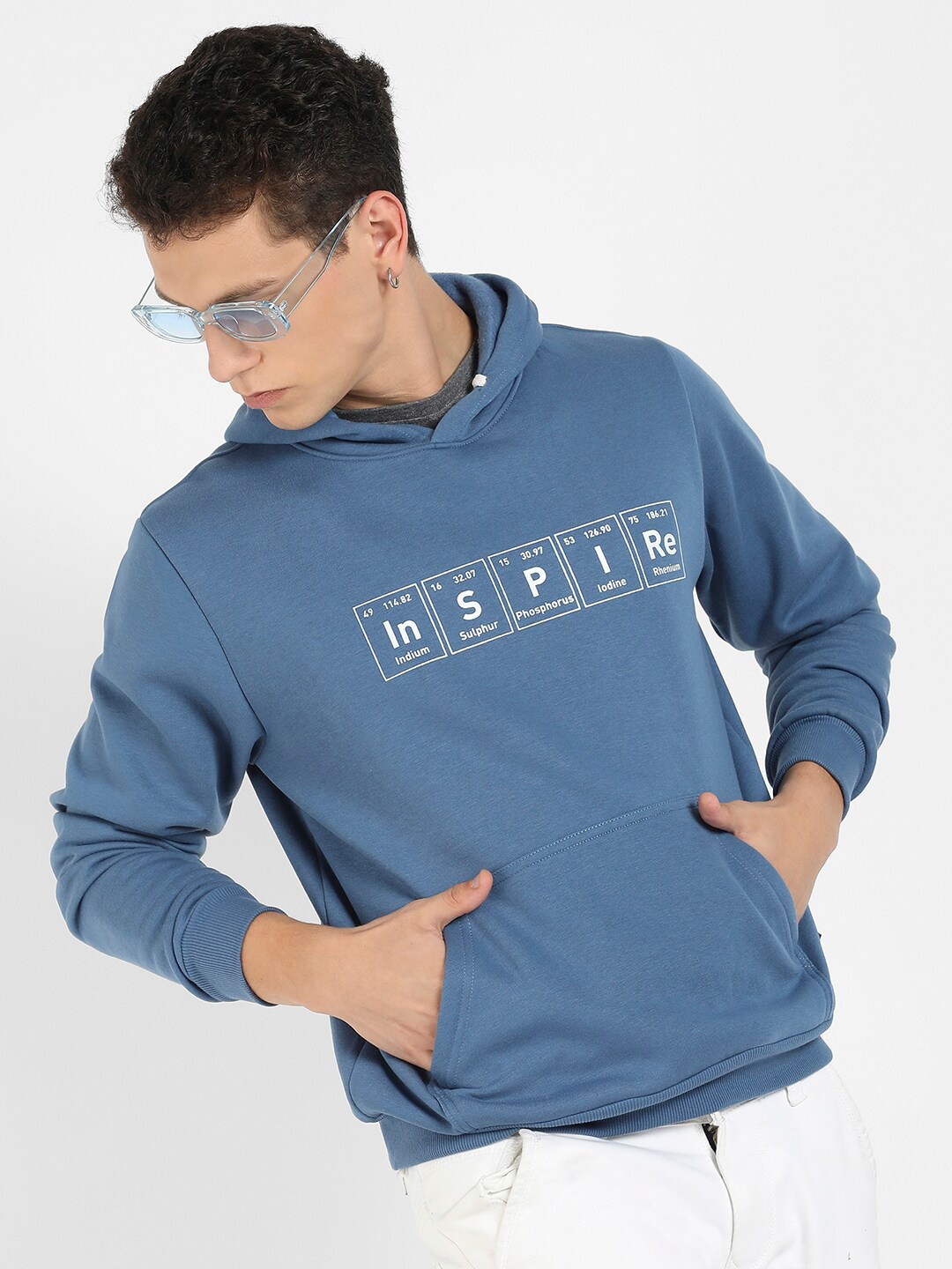 

Campus Sutra Typographic Printed Hooded Cotton Pullover Sweatshirt, Blue