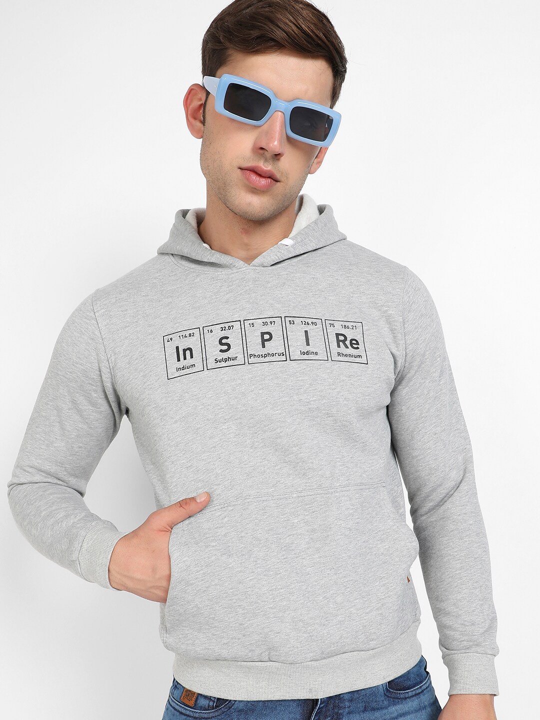 

Campus Sutra Typography Printed Hooded Pullover, Grey