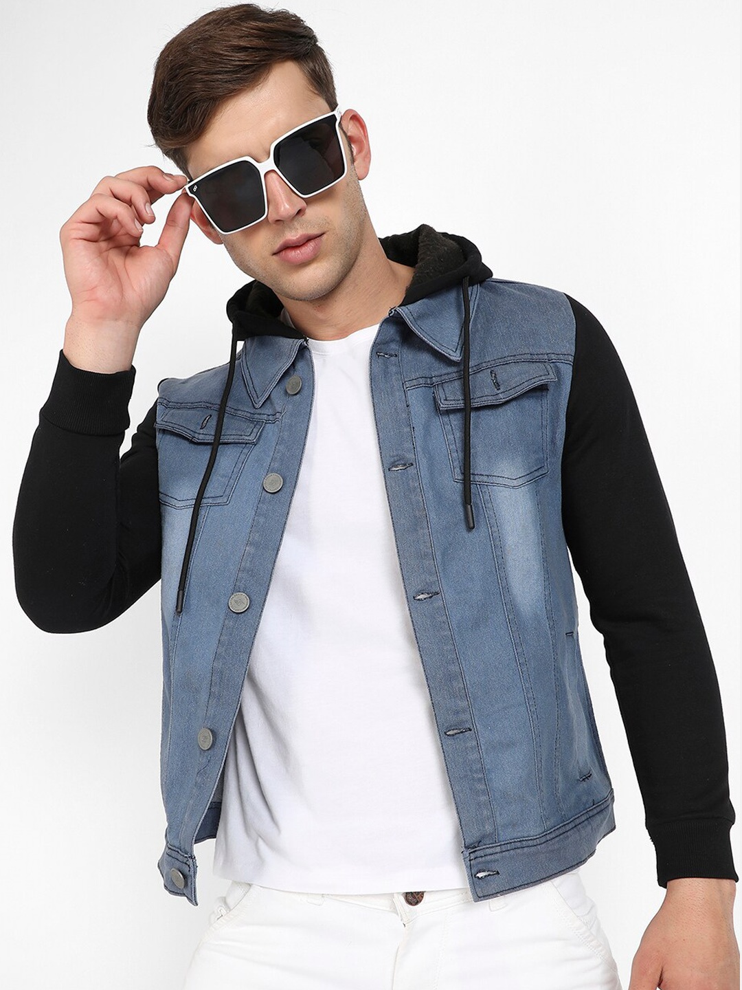 

Campus Sutra Hooded Windcheater Outdoor Denim Jacket with Patchwork, Blue