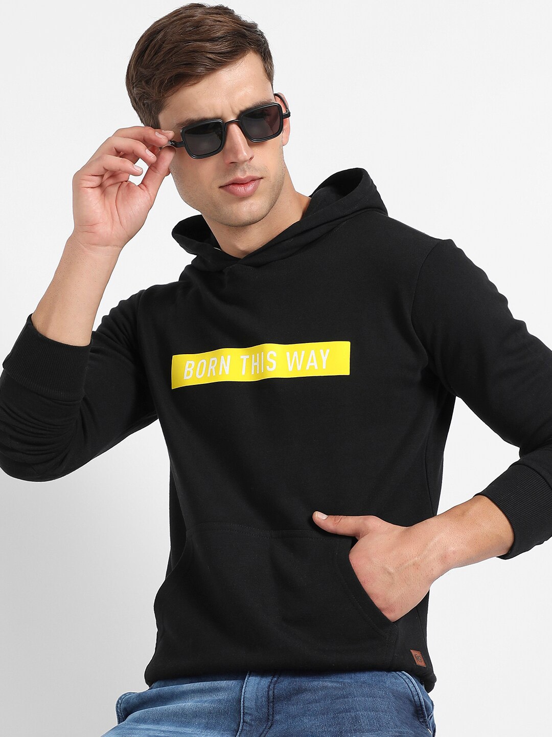 

Campus Sutra Typography Printed Hooded Cotton Pullover Sweatshirt, Black