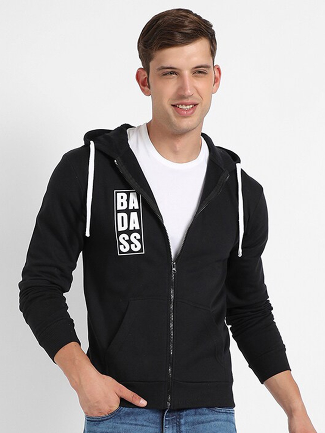 

Campus Sutra Hooded Cotton Front Open Sweatshirt, Black