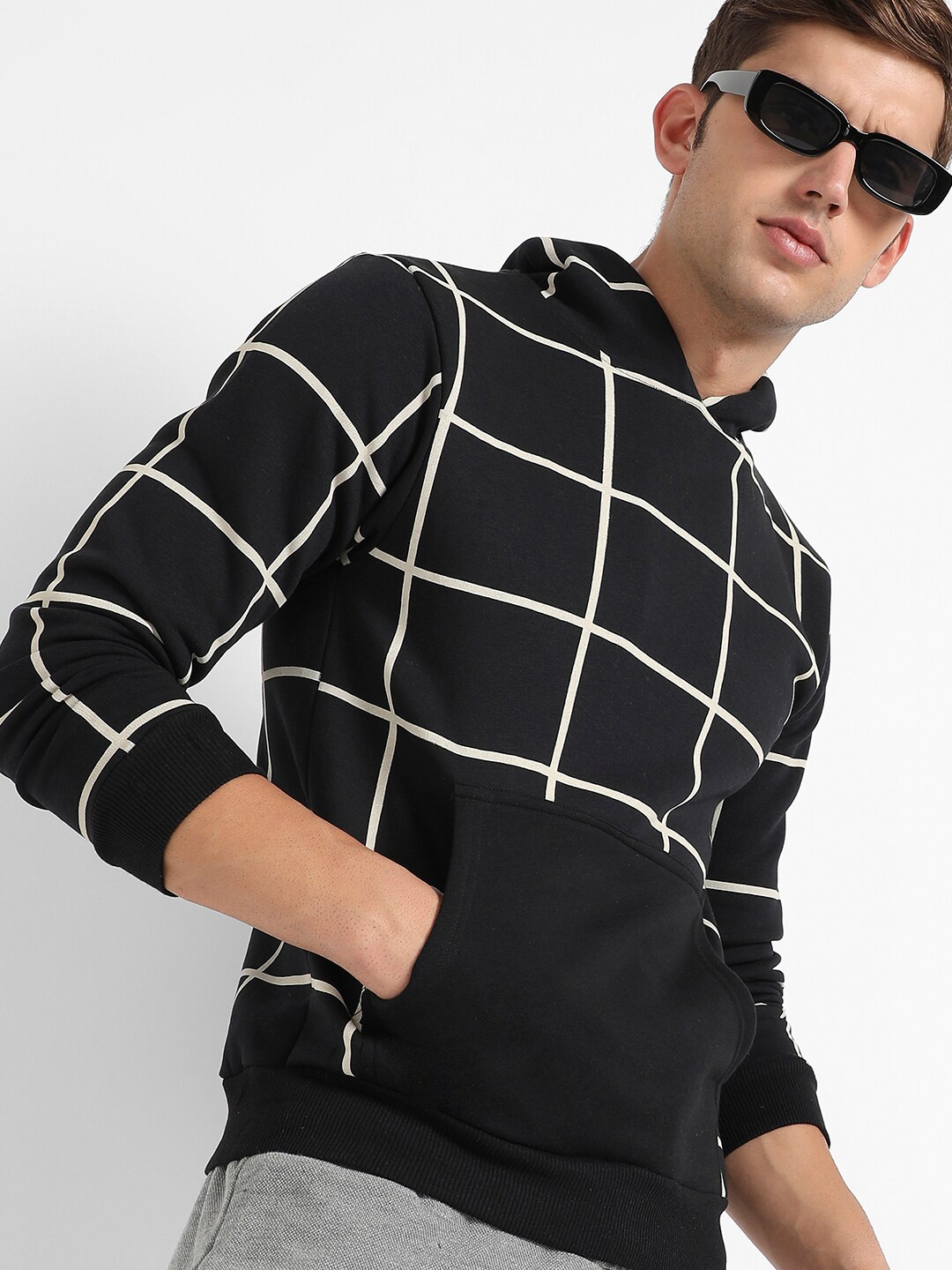 

Campus Sutra Checked Hooded Pure Cotton Pullover Sweatshirt, Black