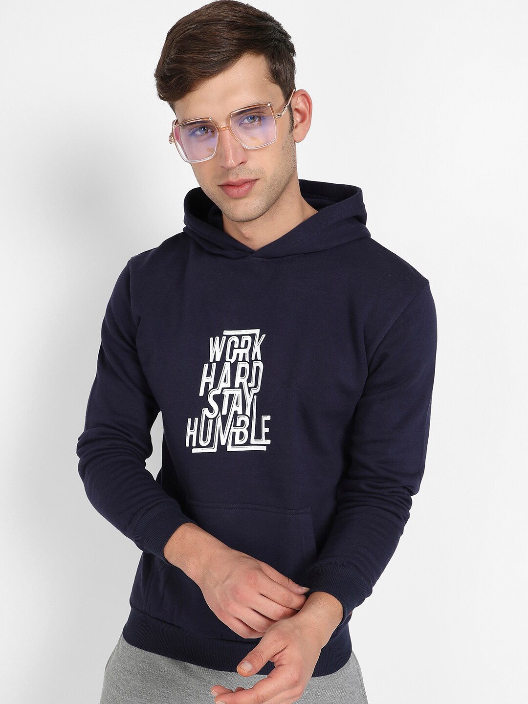 

Campus Sutra Typography Printed Hooded Pullover, Navy blue
