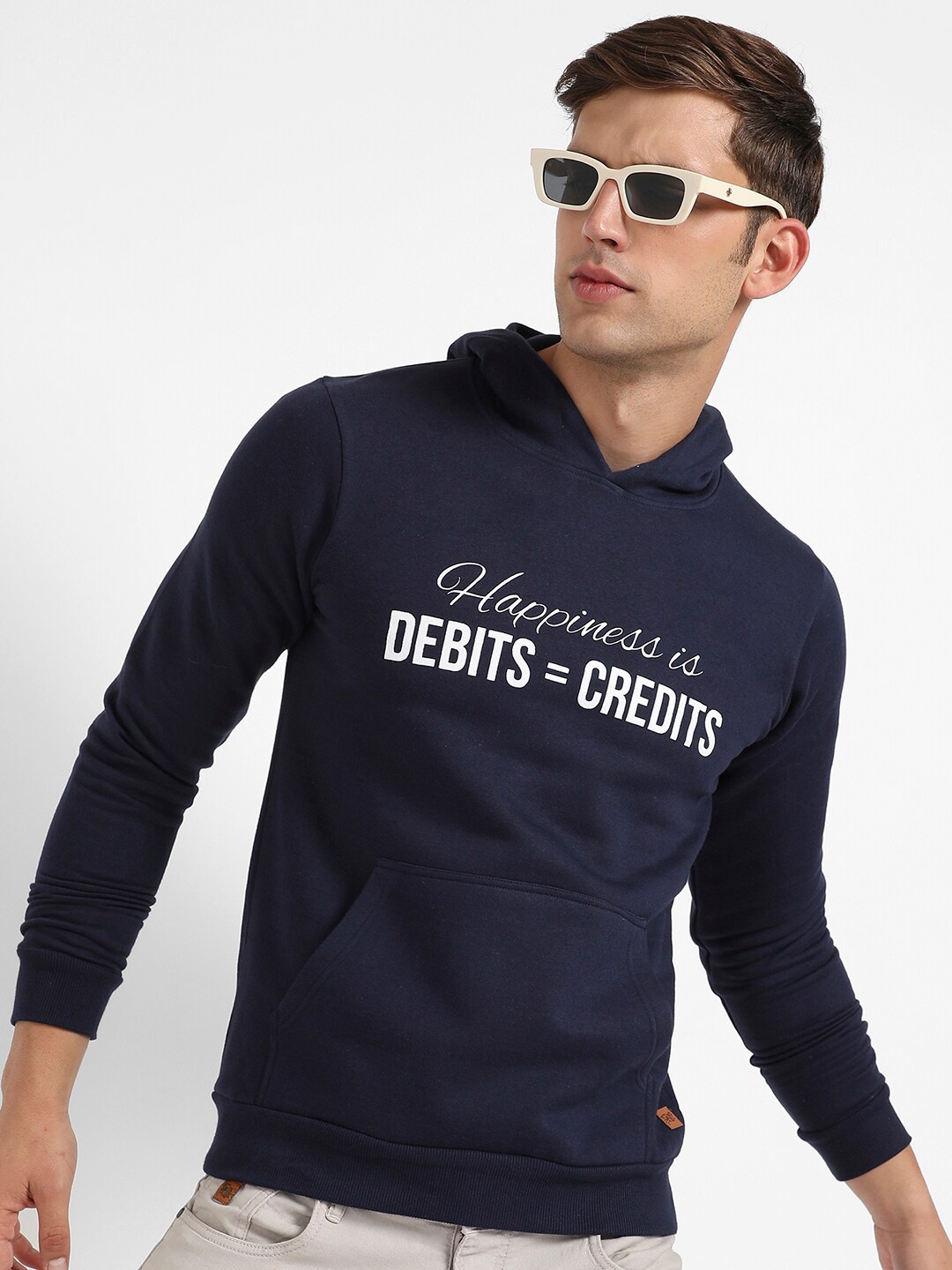 

Campus Sutra Typography Printed Hooded Pullover, Navy blue