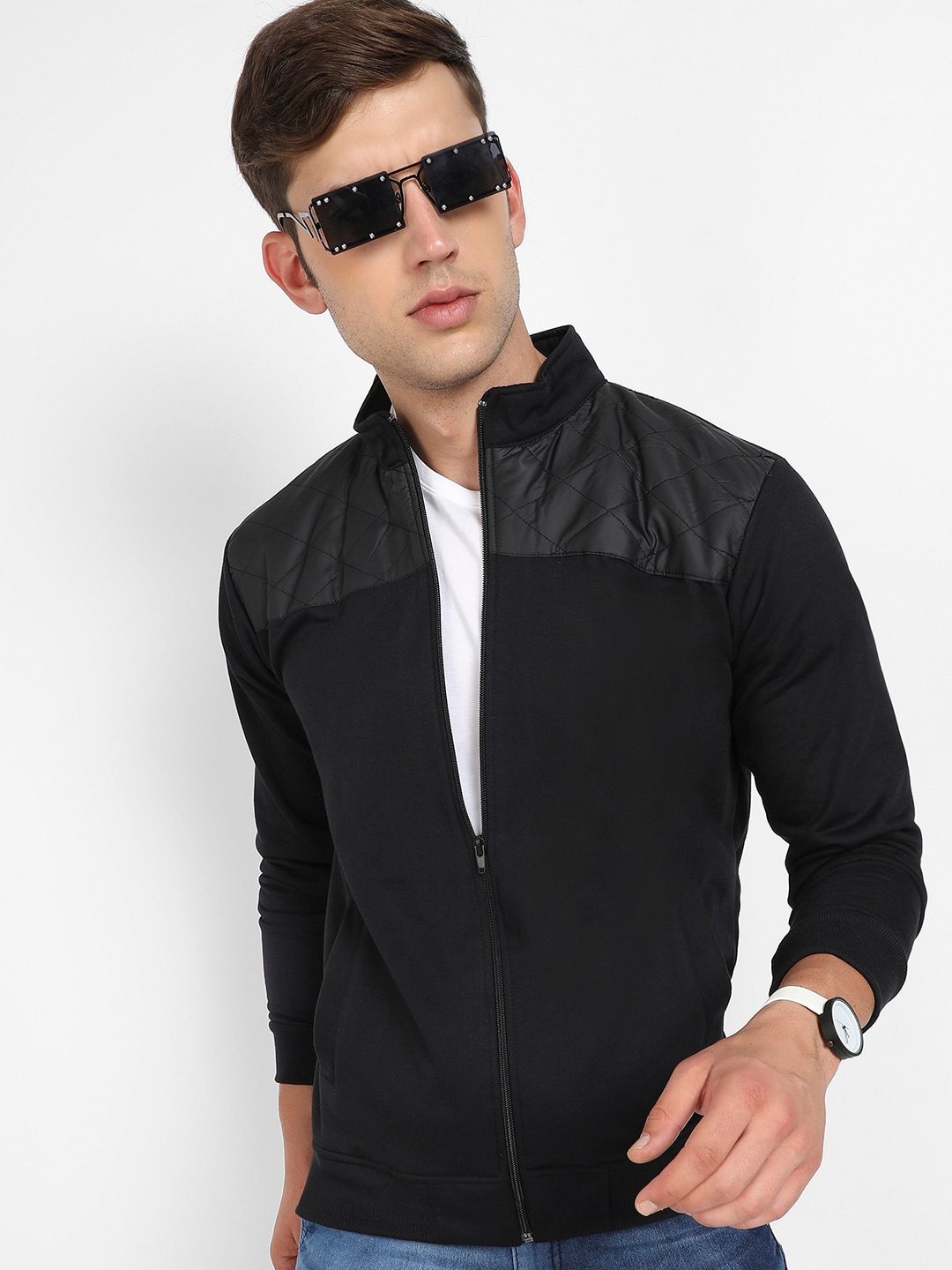 

Campus Sutra Colourblocked Windcheater Cotton Bomber Jacket, Black