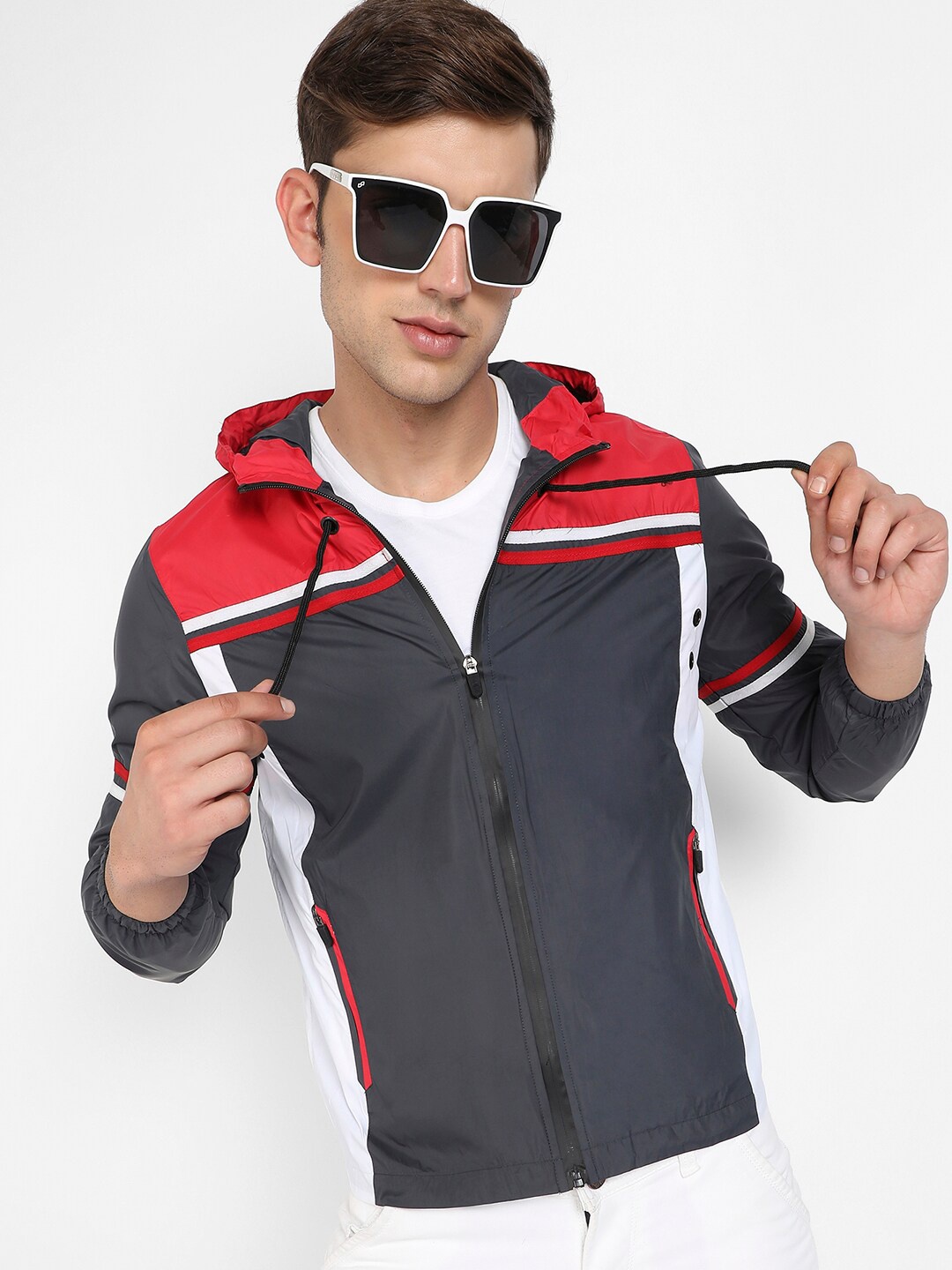 

Campus Sutra Colourblocked Windcheater Hooded Outdoor Sports Jacket, Red