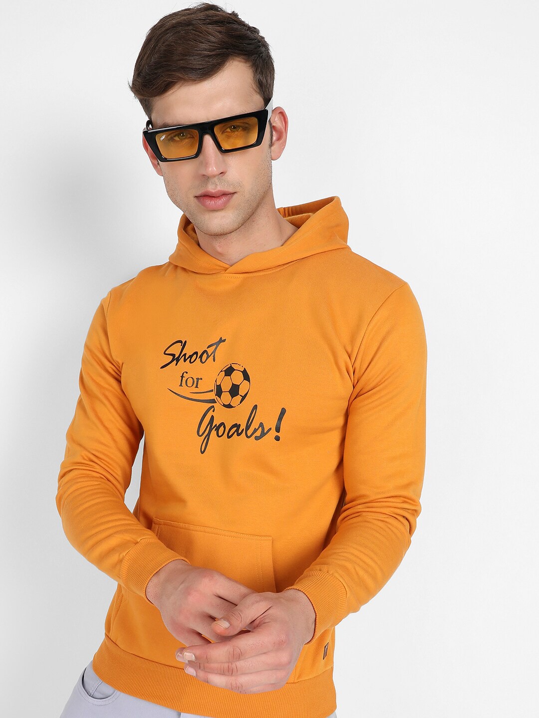 

Campus Sutra Typography Printed Hooded Pullover, Mustard
