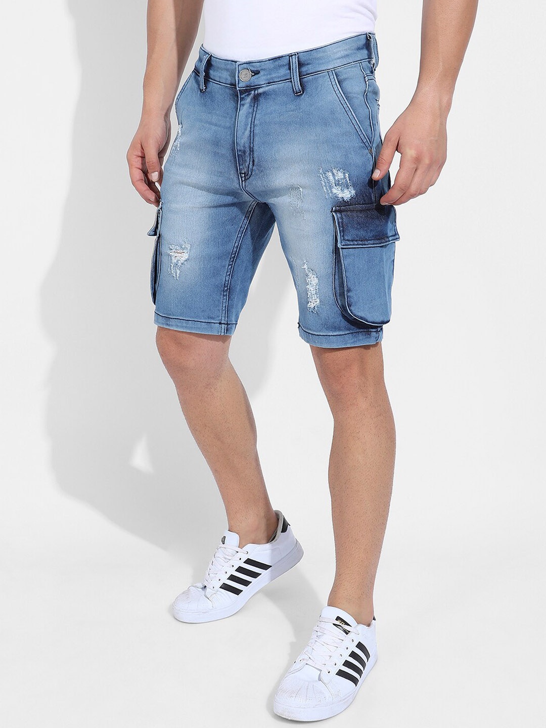 

Campus Sutra Men Washed Cotton Cargo Denim Shorts, Blue