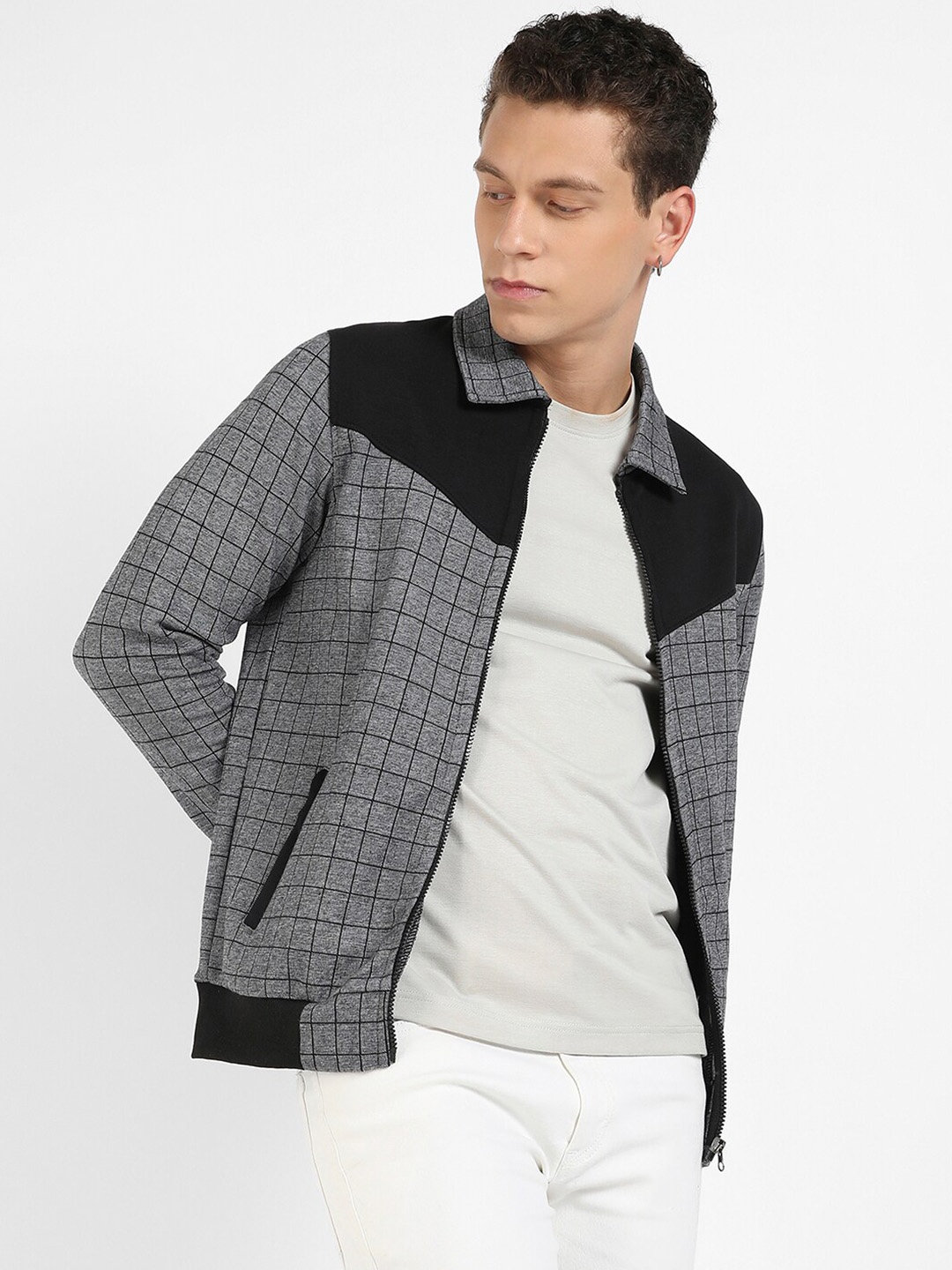 

Campus Sutra Grey & Black Checked Windcheater Spread Collar Bomber Jacket