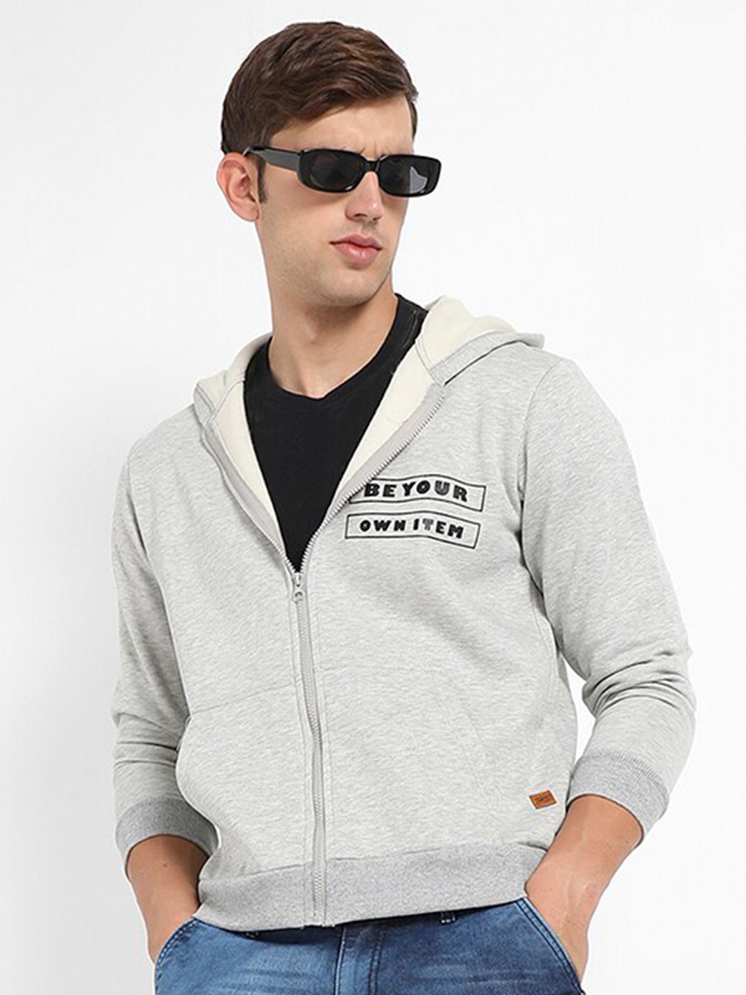 

Campus Sutra Typography Printed Hooded Cotton Pullover Sweatshirt, Grey