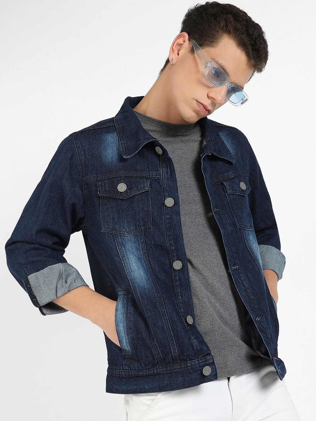 

Campus Sutra Navy Blue Windcheater Washed Cotton Denim Jacket