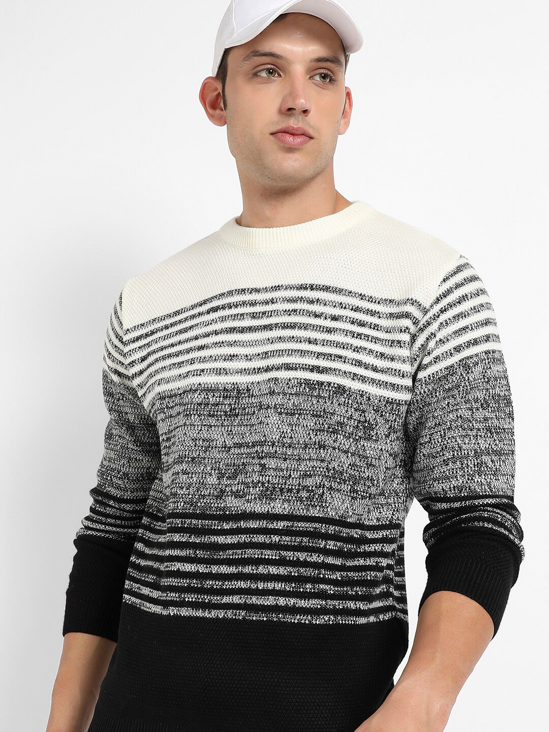 

Campus Sutra Striped Woollen Pullover, Grey