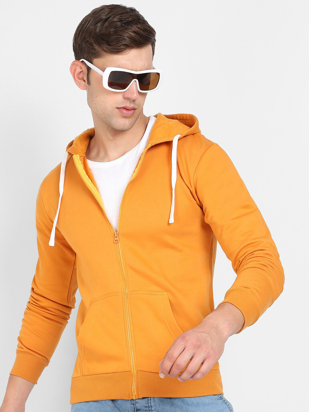 

Campus Sutra Hooded Cotton Front-Open Sweatshirt, Mustard