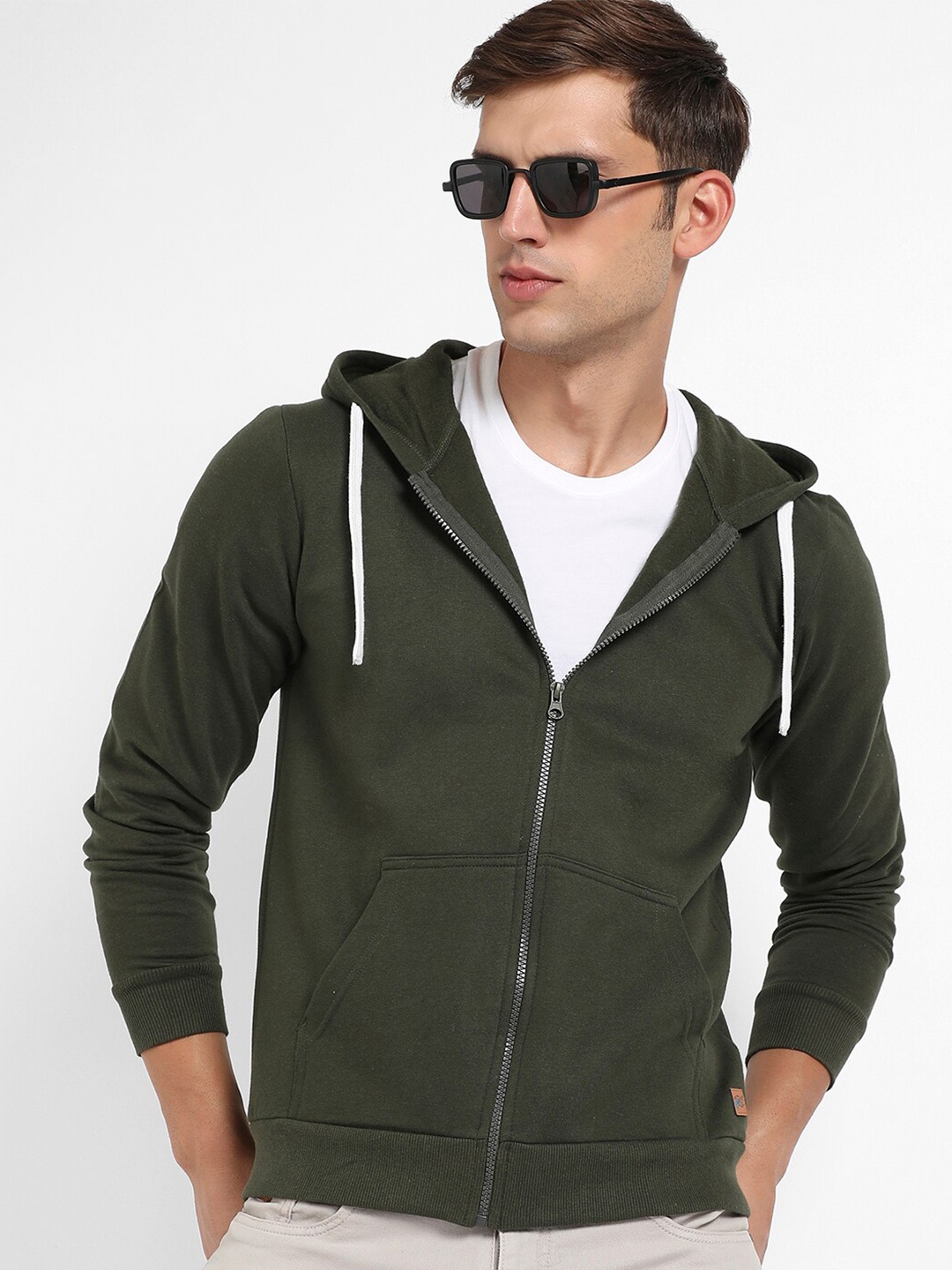 

Campus Sutra Hooded Cotton Front Open Sweatshirt, Green