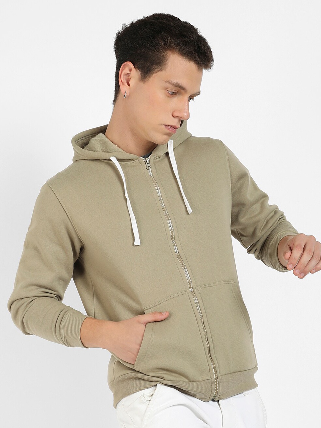 

Campus Sutra Hooded Cotton Front Open Sweatshirt, Beige