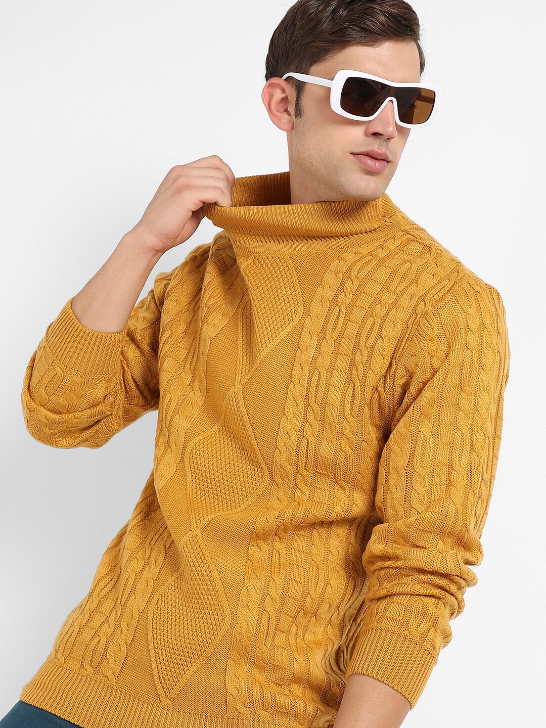 

Campus Sutra Self Design Cable Knit Turtle Neck Woollen Pullover, Mustard