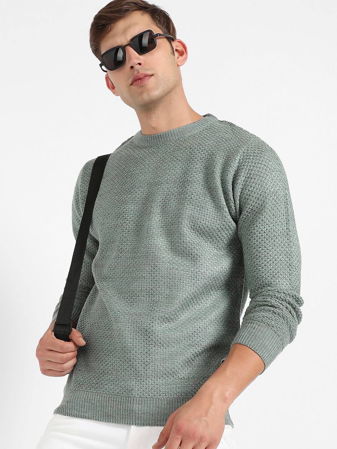 

Campus Sutra Self Design Ribbed Woollen Pullover, Sea green