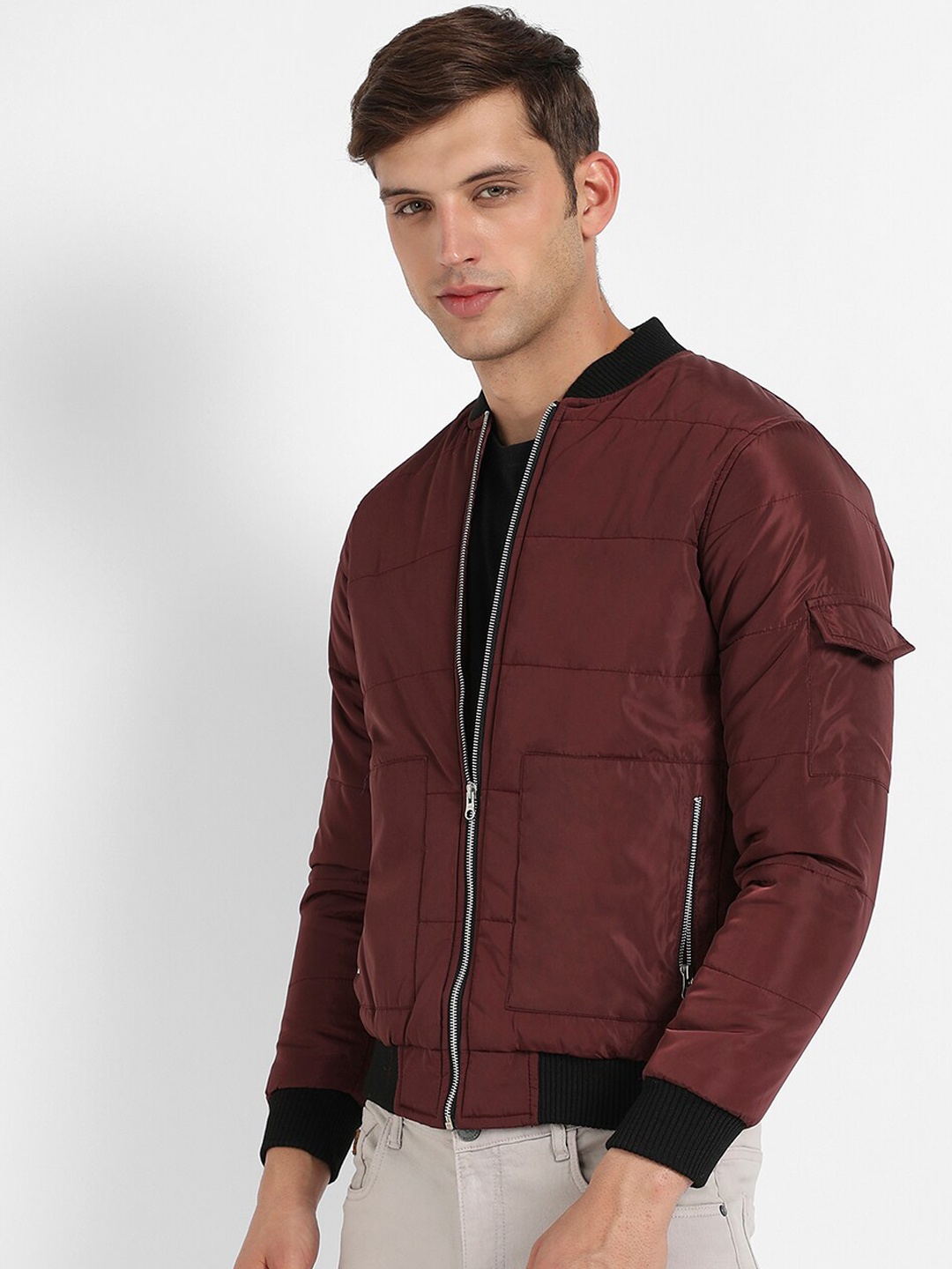 

Campus Sutra Maroon Windcheater Mock Collar Bomber Jacket