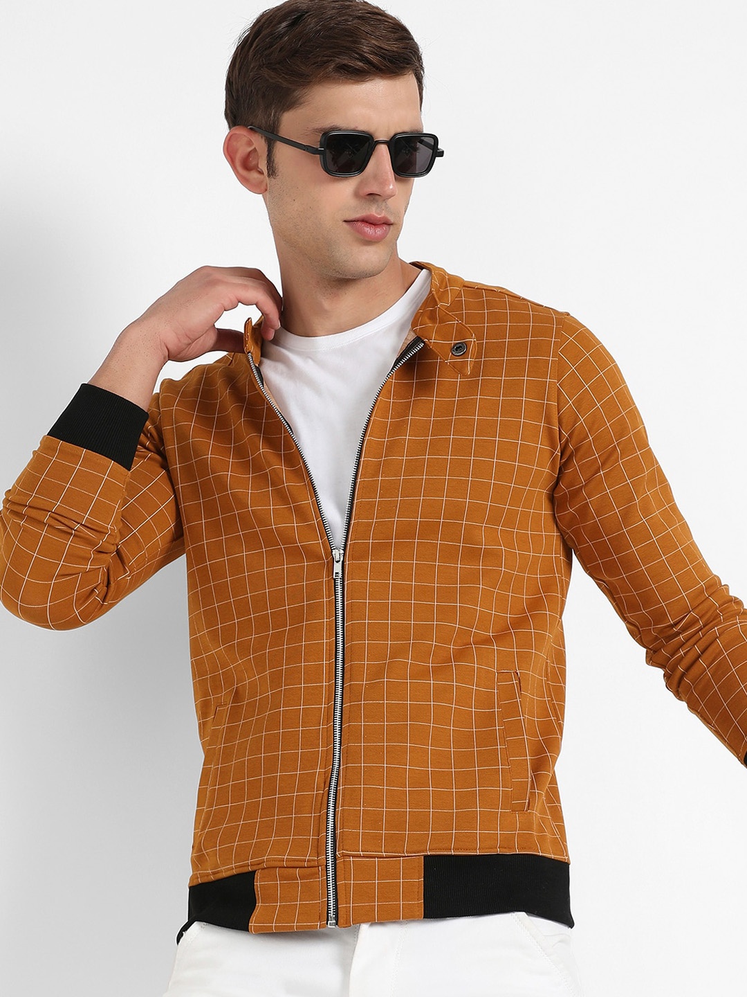 

Campus Sutra Mustard Checked Windcheater Mock Collar Cotton Bomber Jacket