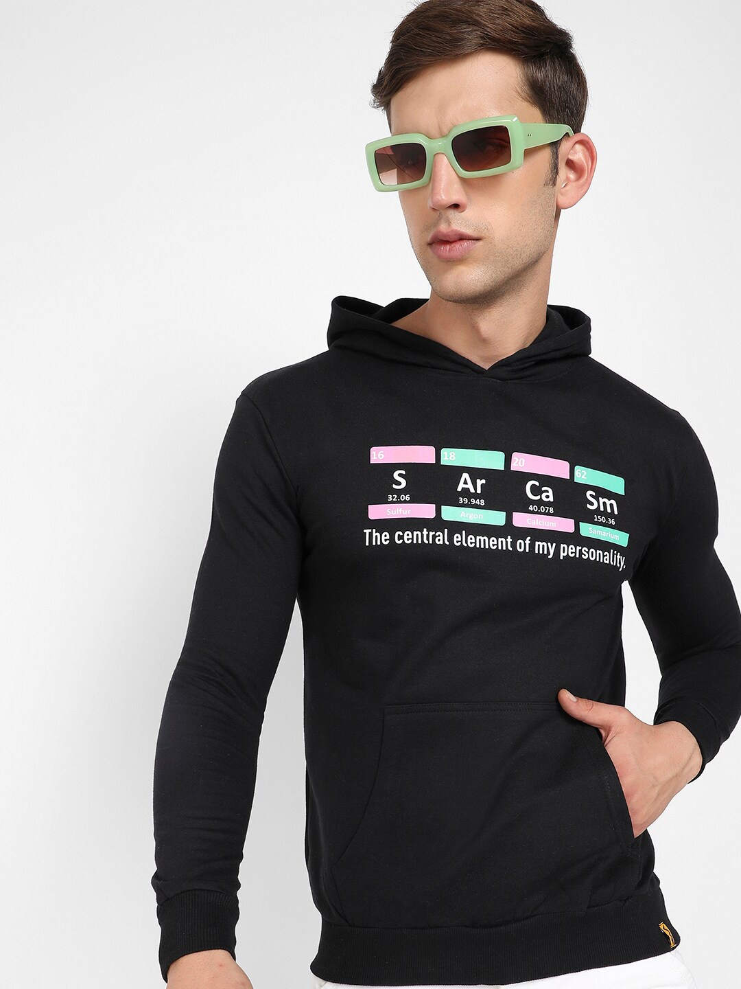 

Campus Sutra Typography Printed Hooded Cotton Pullover Sweatshirt, Black