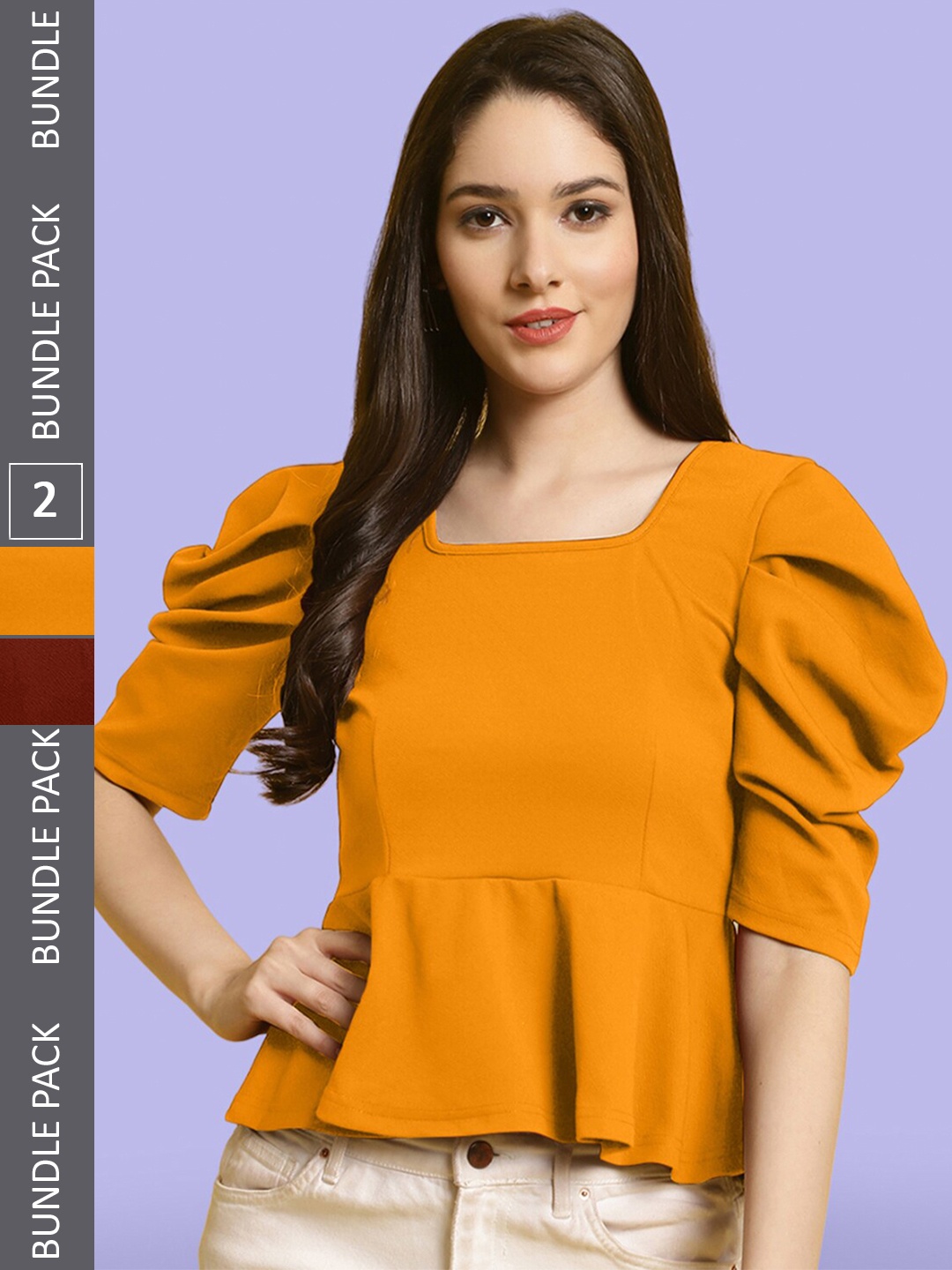 

BAESD Pack Of 2 Puff Sleeve Peplum Top, Mustard