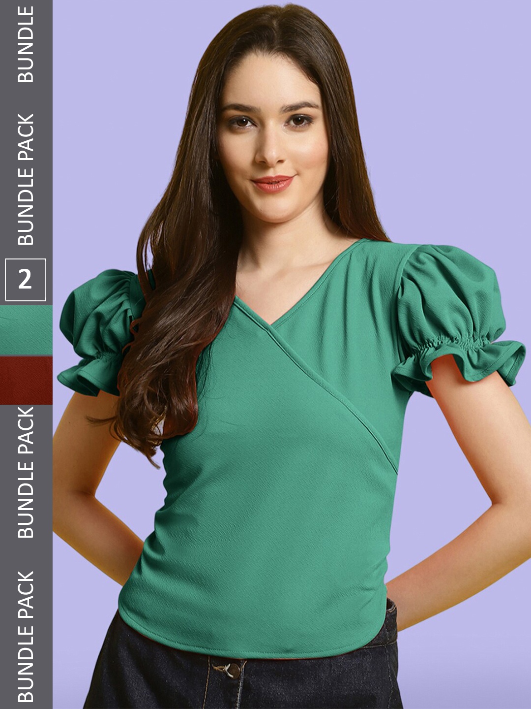 

BAESD Pack of 2 Puff Sleeved Wrap Top, Green