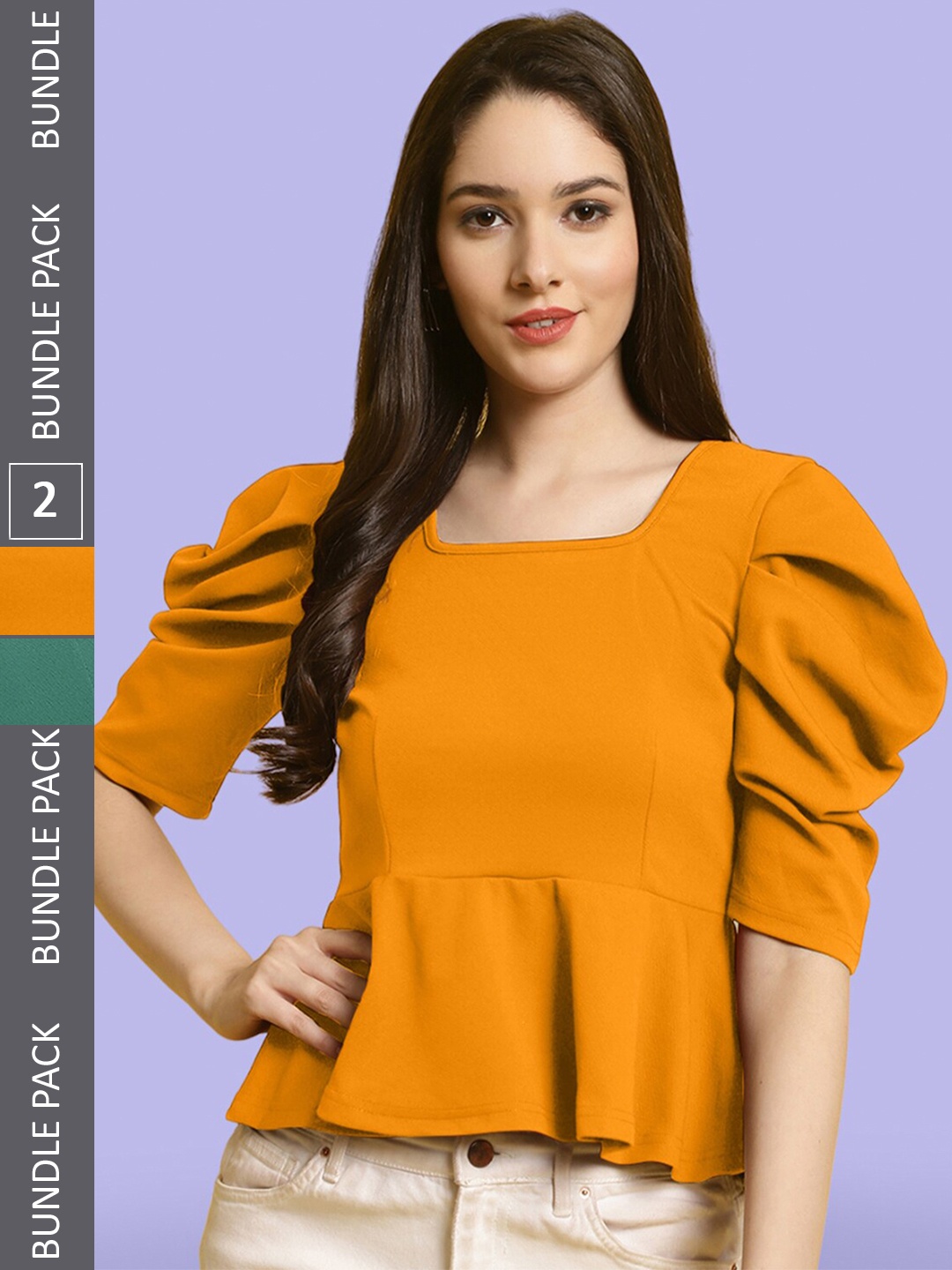 

BAESD Pack Of 2 Sweetheart Neck Puff Sleeve Peplum Tops, Yellow