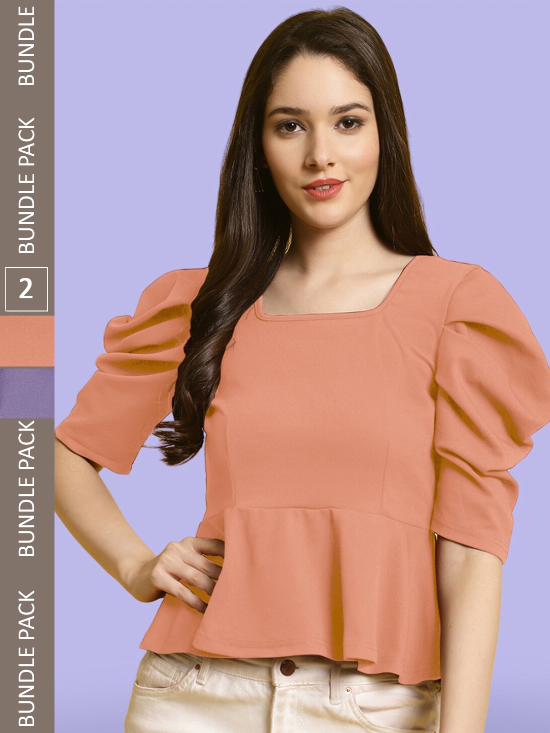 

BAESD Pack Of 2 Puff Sleeves Peplum Top, Brown