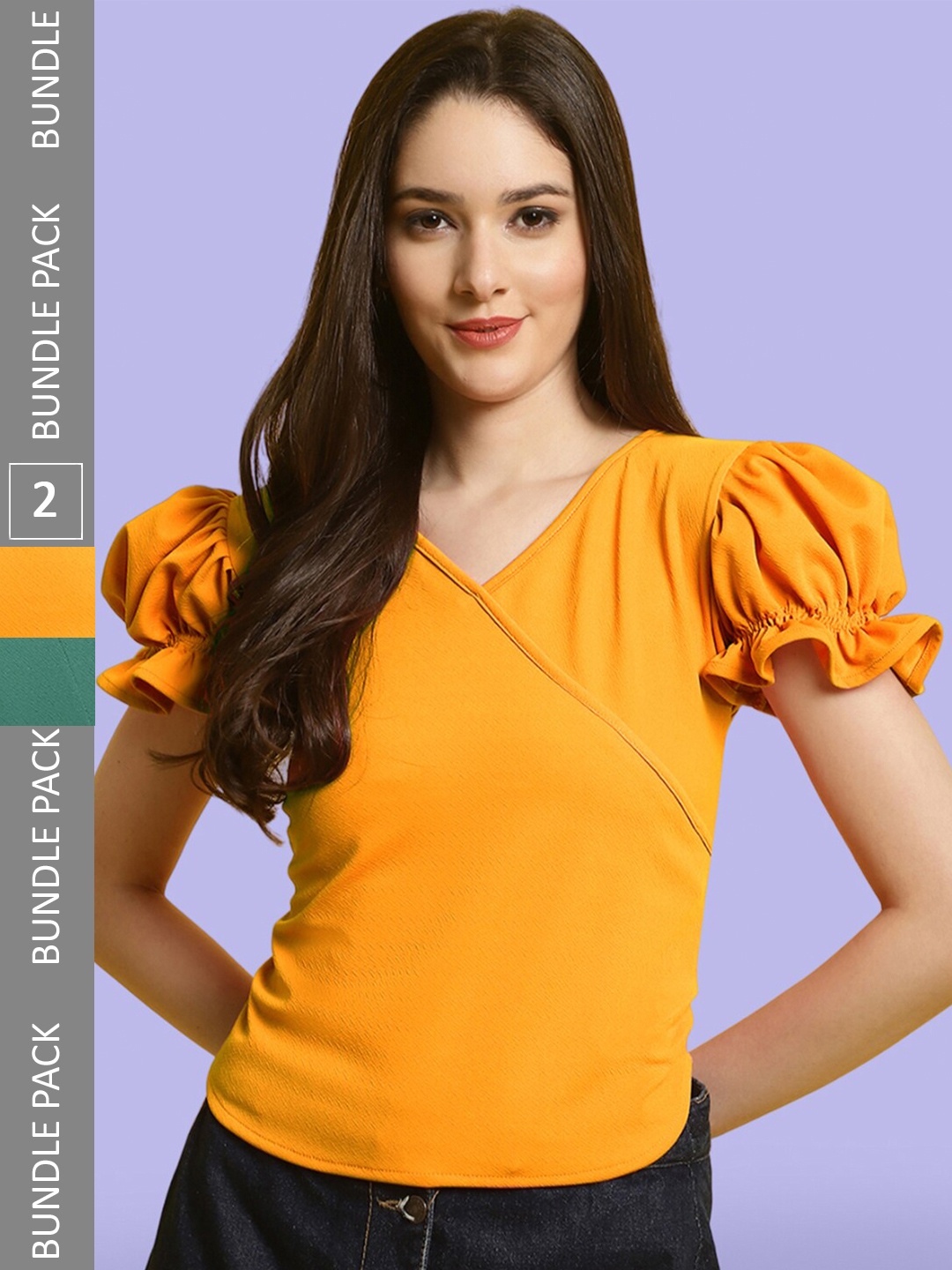 

BAESD Pack Of 2 Sweetheart Neck Puff Sleeve Wrap Top, Yellow