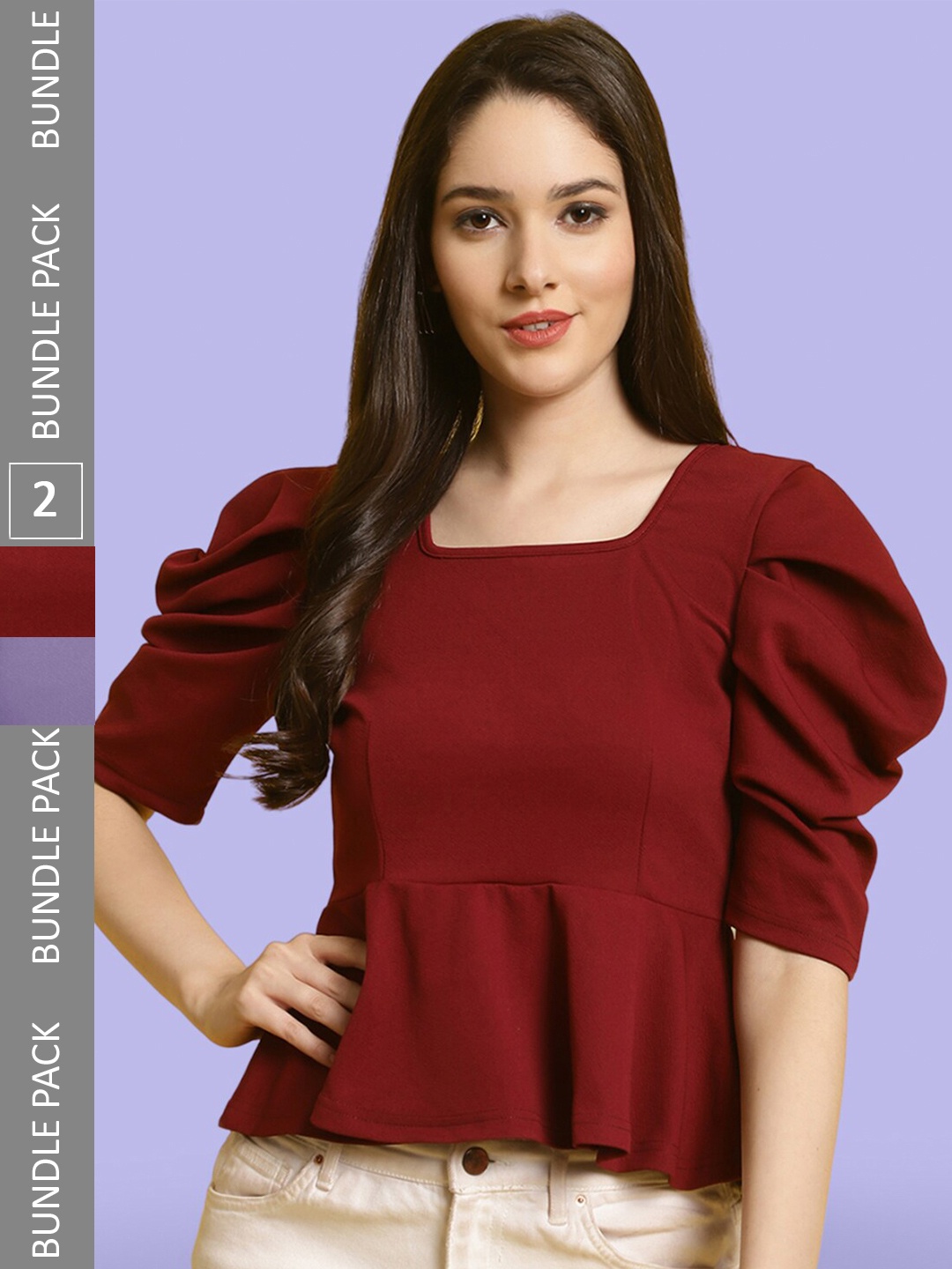 

BAESD Pack Of 2 Square Neck Puff Sleeve Peplum Top, Maroon