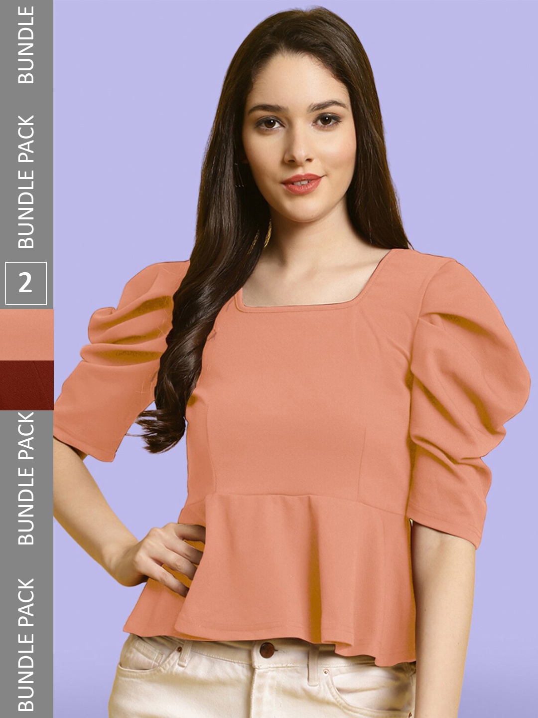 

BAESD Pack of 2 Sweetheart Neck Puff Sleeve Peplum Top, Peach