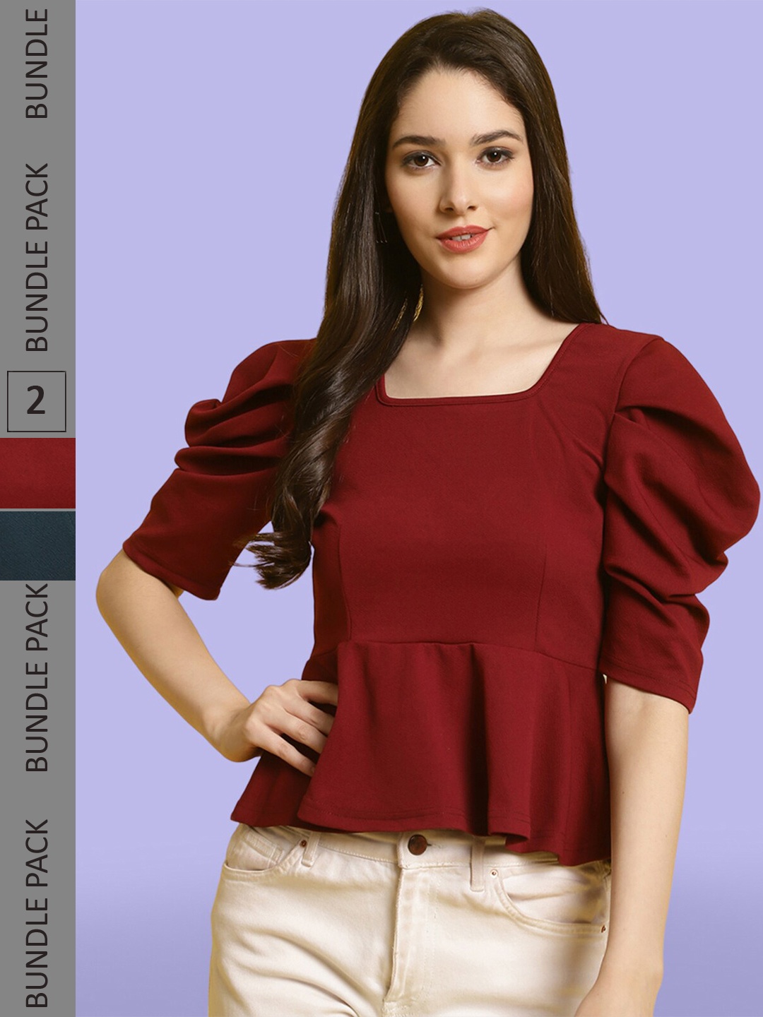 

BAESD Pack Of 2 Puff Sleeves Peplum Tops, Maroon