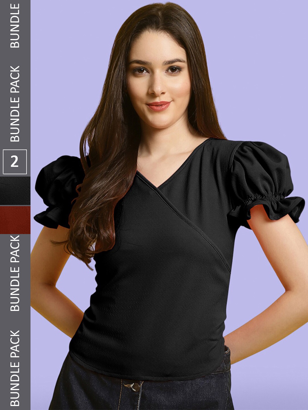 

BAESD Pack Of 2 Sweetheart Neck Puff Sleeve Wrap Top, Black