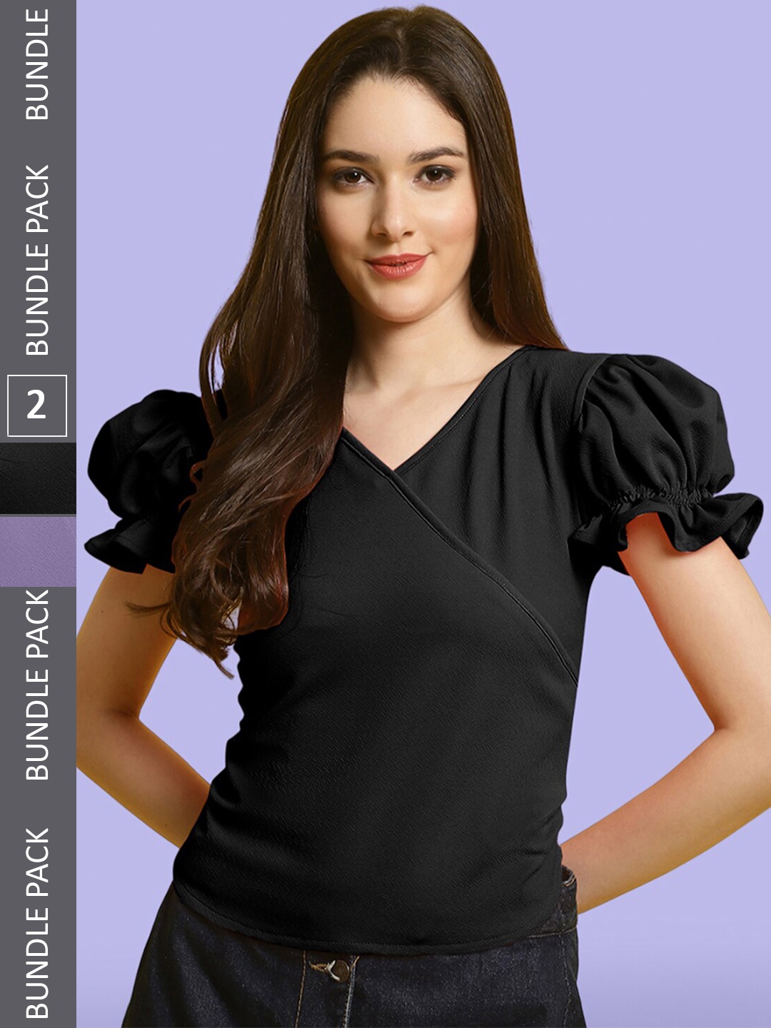 

BAESD Pack Of 2 V-Neck Puff Sleeve Wrap Top, Black
