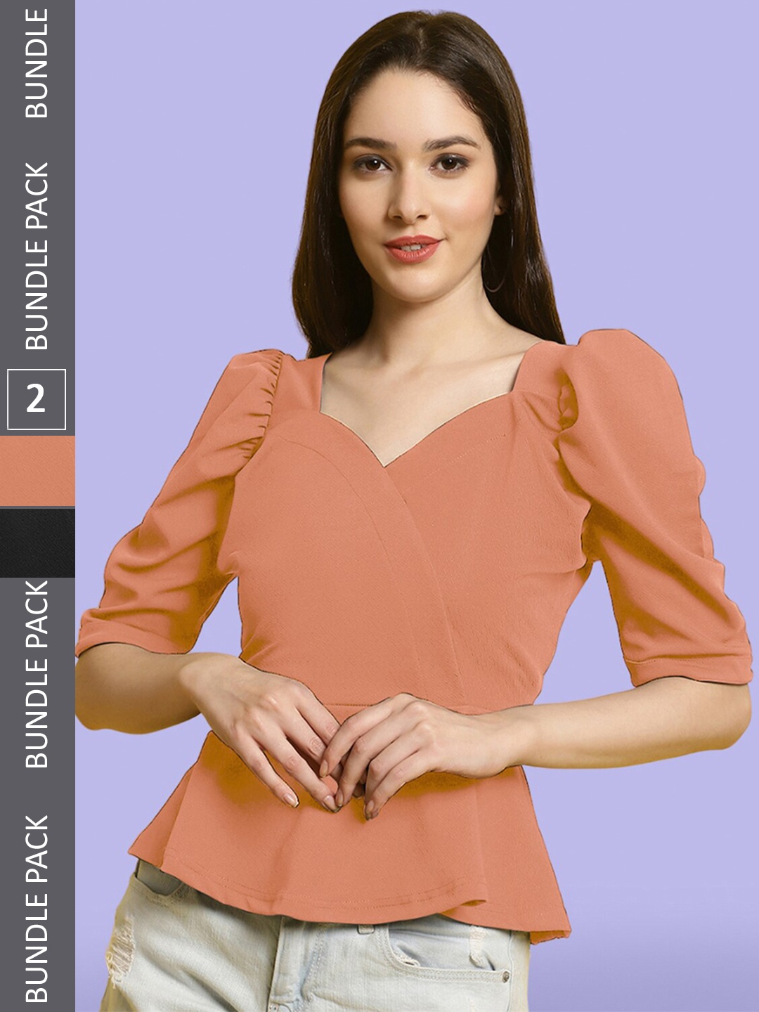 

BAESD Pack Of 2 Sweetheart Neck Puff Sleeve Peplum Tops, Orange