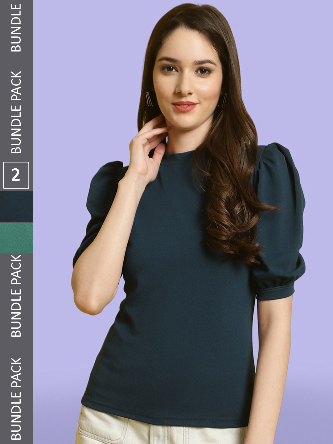 

BAESD Pack Of 2 Puff Sleeves Peplum Tops, Green