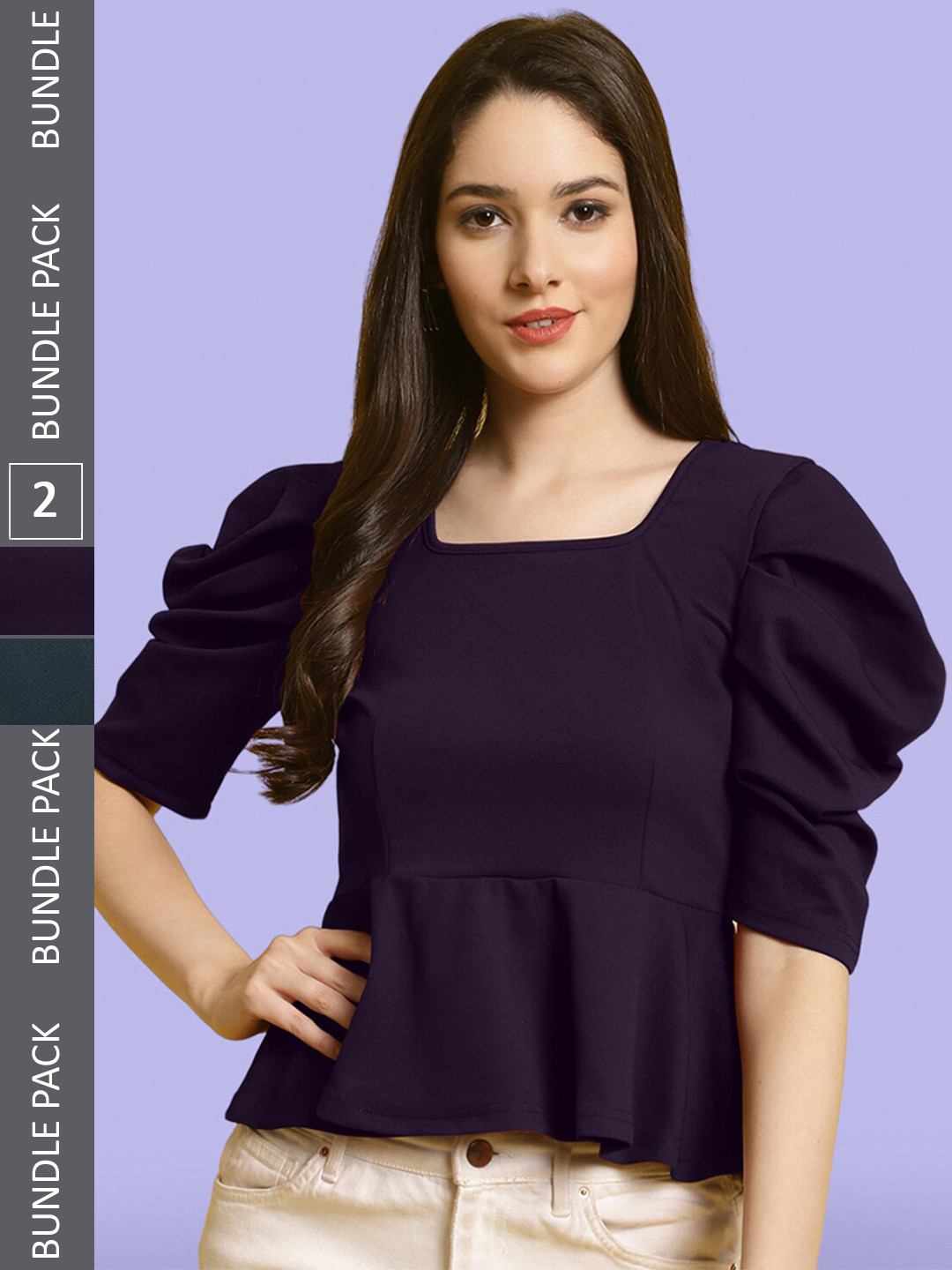

BAESD Pack Of 2 Puff Sleeve Peplum Top, Navy blue