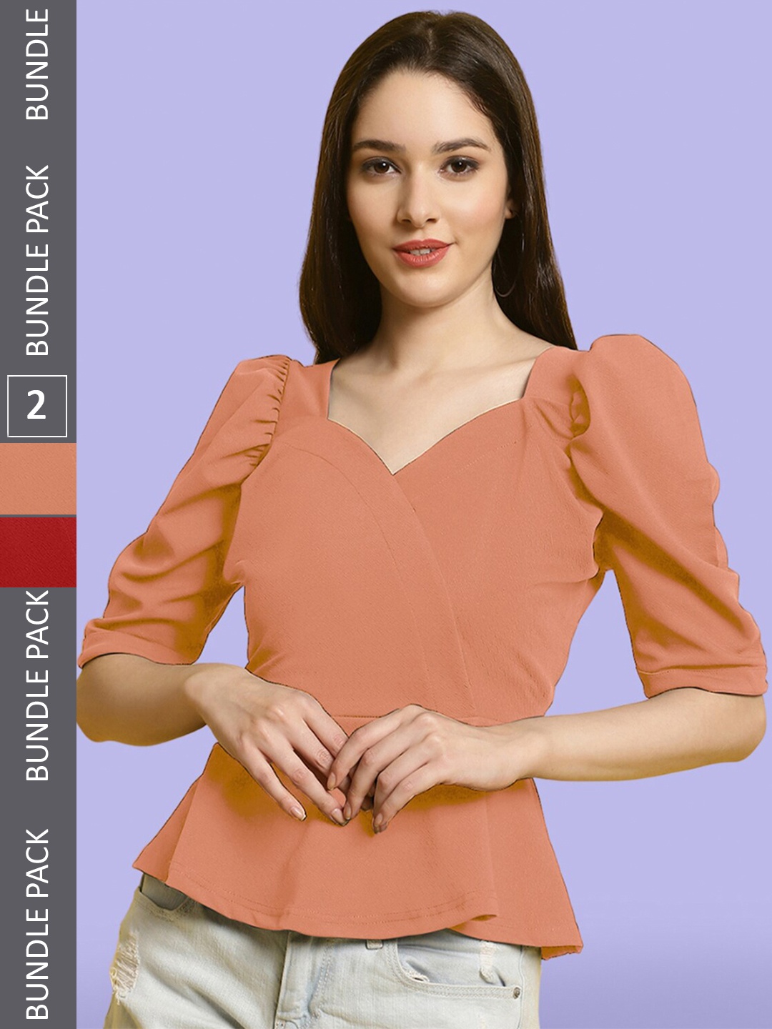 

BAESD Pack of 2 Sweetheart Neck Puff Sleeves Peplum Tops, Peach