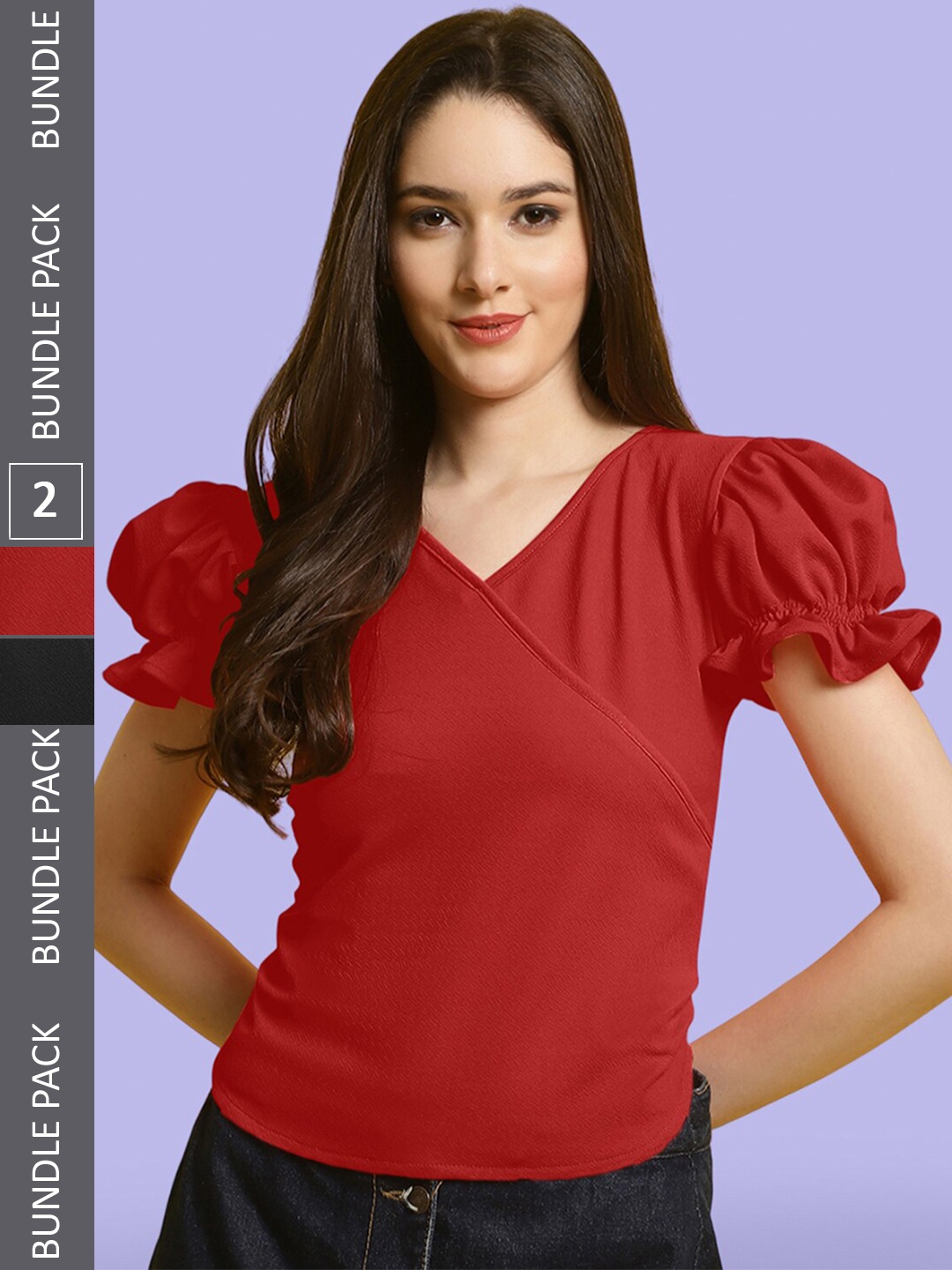 

BAESD Pack Of 2 Sweetheart Neck Puff Sleeve Wrap Top, Red