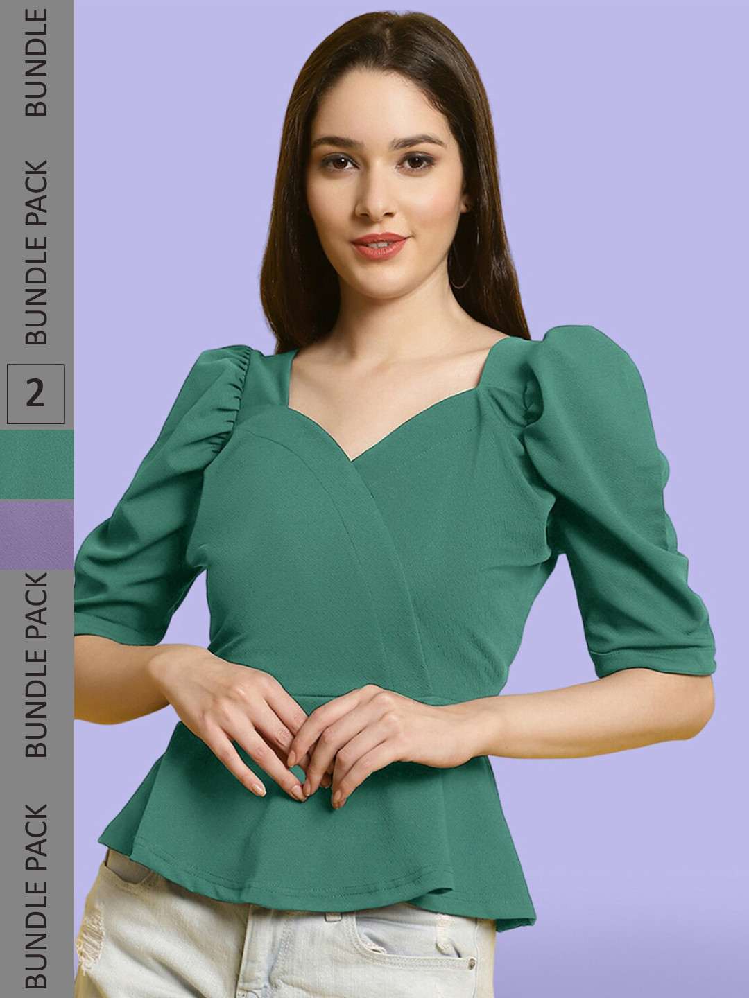 

BAESD Pack Of 2 Sweetheart Neck Puff Sleeves Peplum Tops, Green