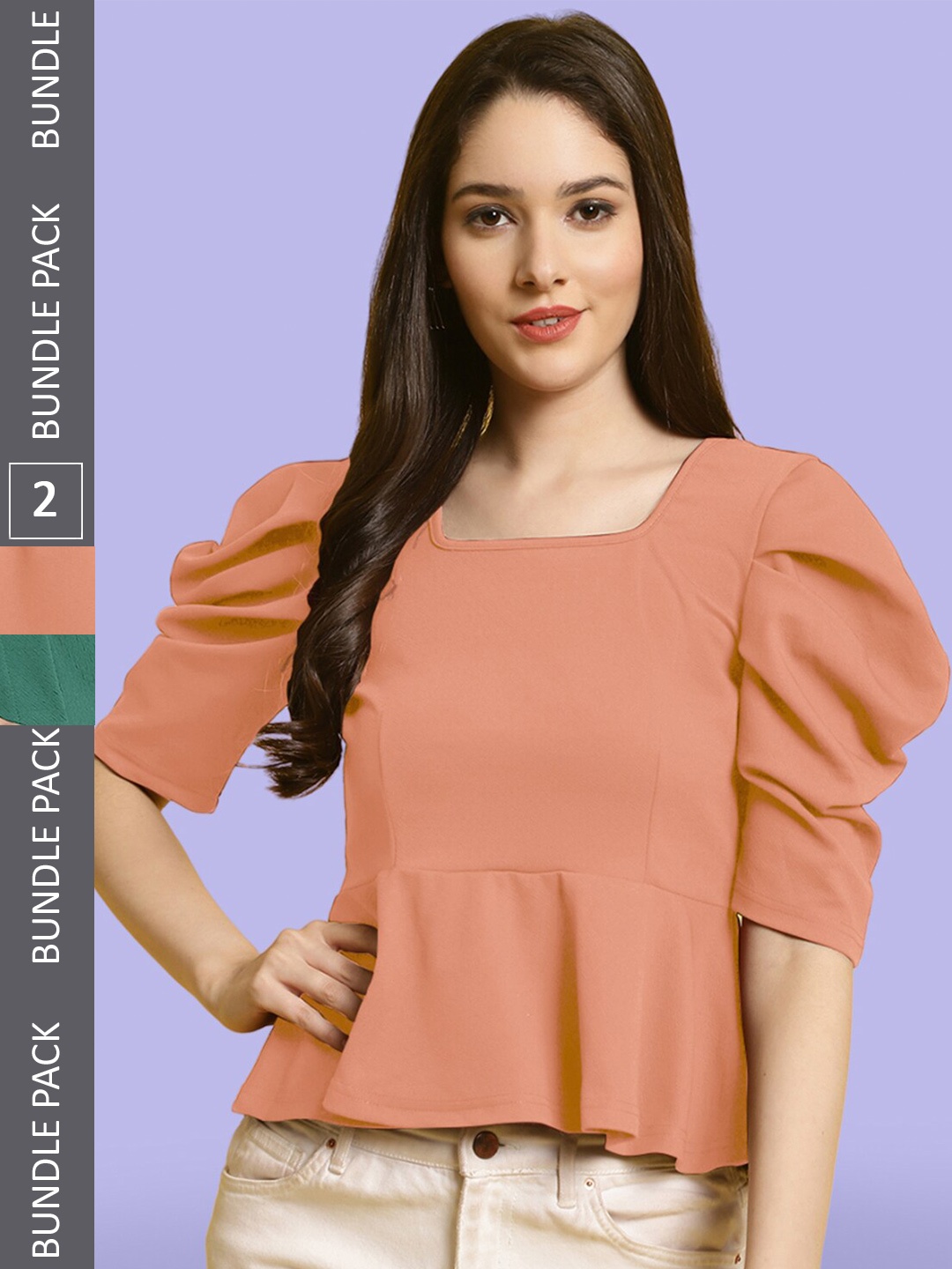 

BAESD Pack of 2 Puff Sleeves Peplum Tops, Peach