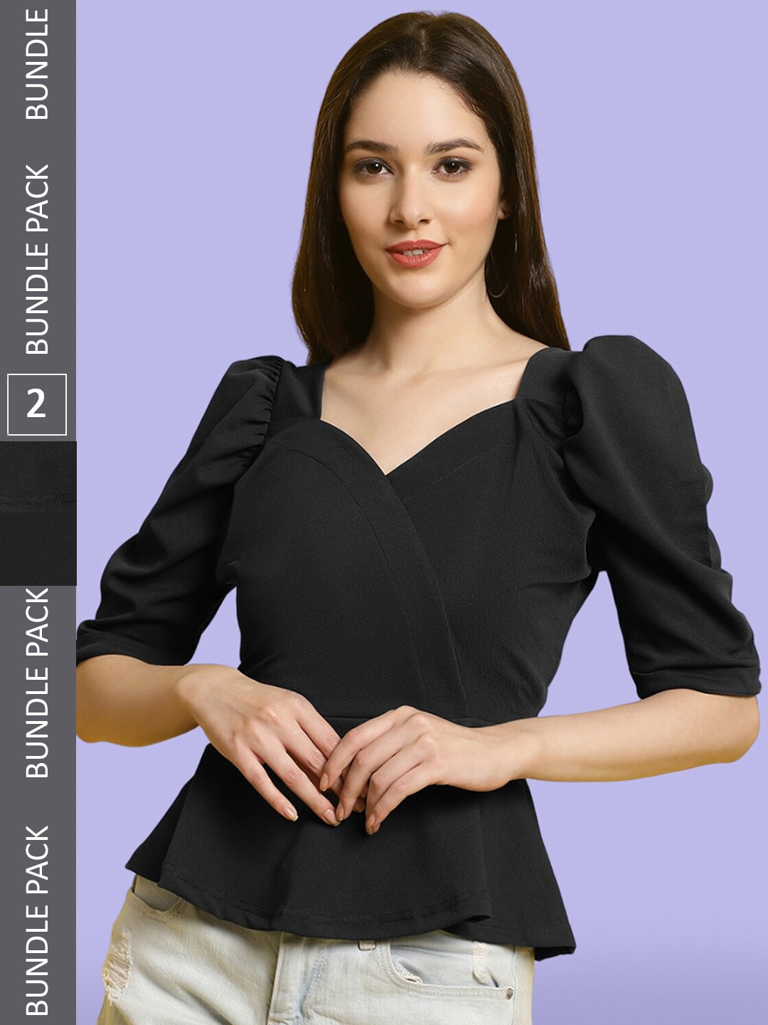 

BAESD Pack Of 2 Sweetheart Neck Puff Sleeve Wrap Top, Black
