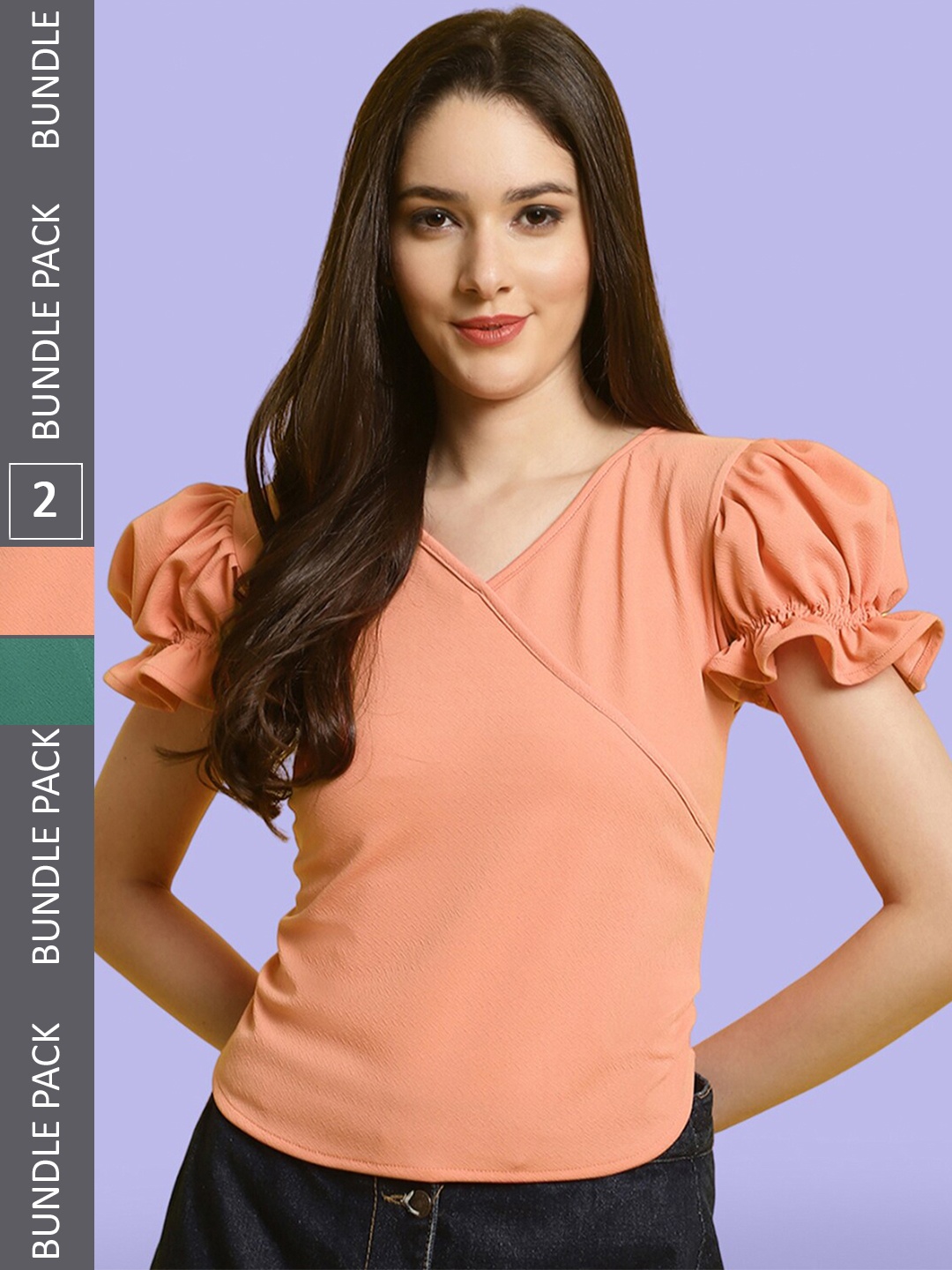 

BAESD Pack of 2 Sweetheart Neck Puff Sleeve Wrap Top, Peach