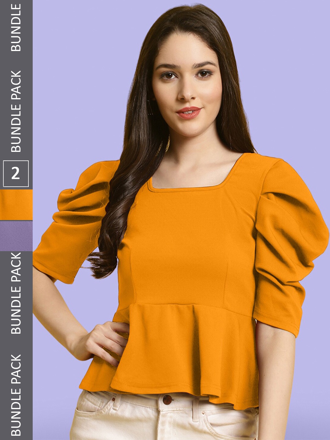 

BAESD Pack Of 2 Puff Sleeves Peplum Top, Orange