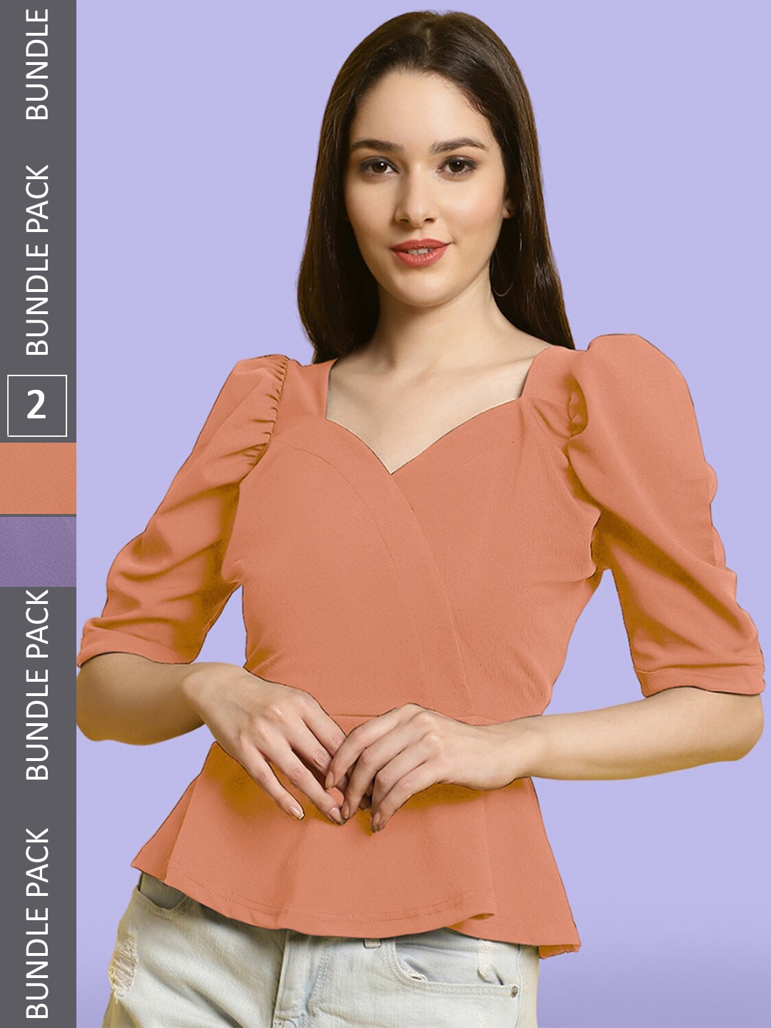 

BAESD Pack of 2 Sweetheart Neck Puff Sleeves Peplum Tops, Peach
