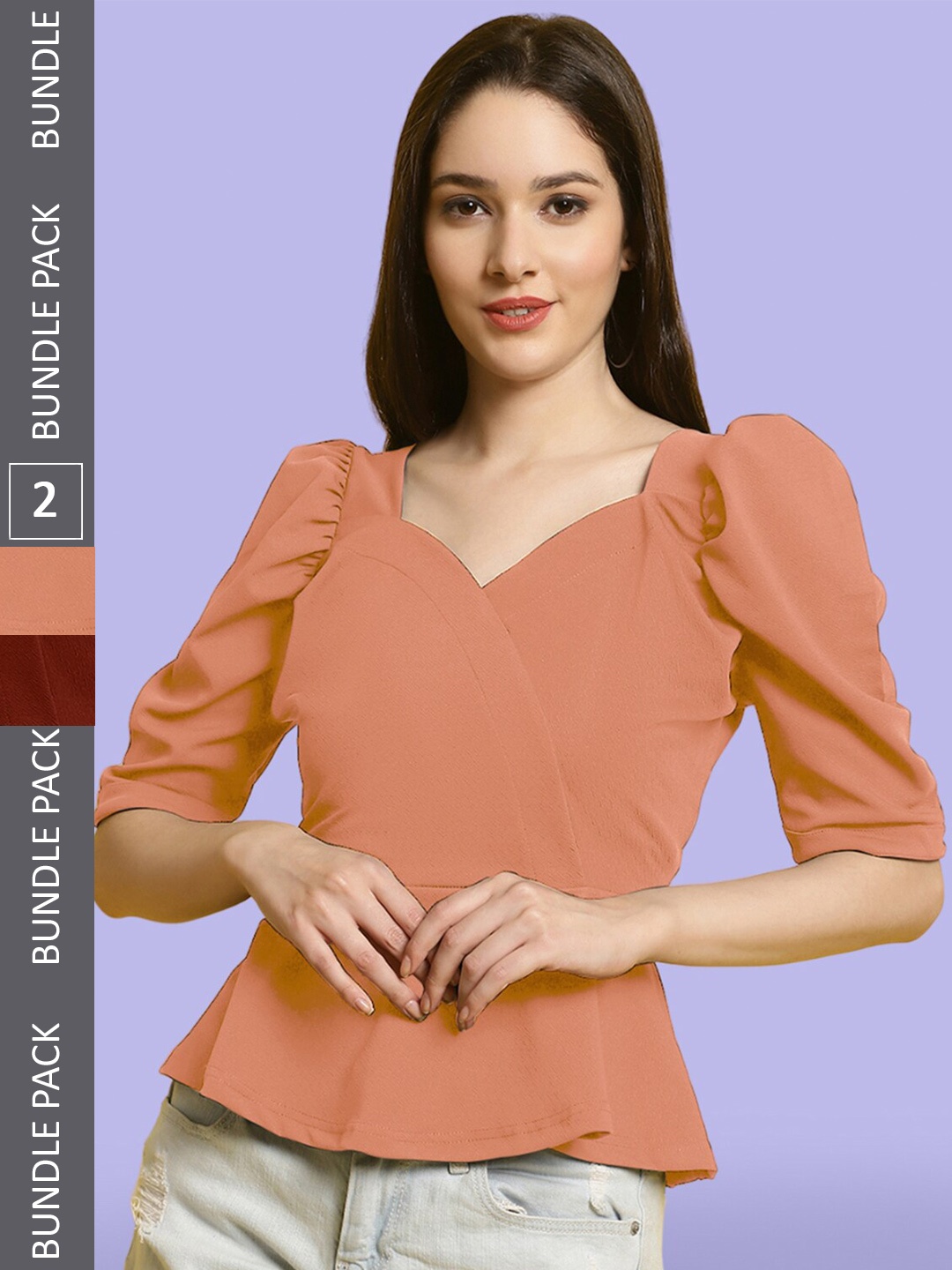 

BAESD Pack of 2 Sweetheart Neck Puff Sleeves Peplum Tops, Peach